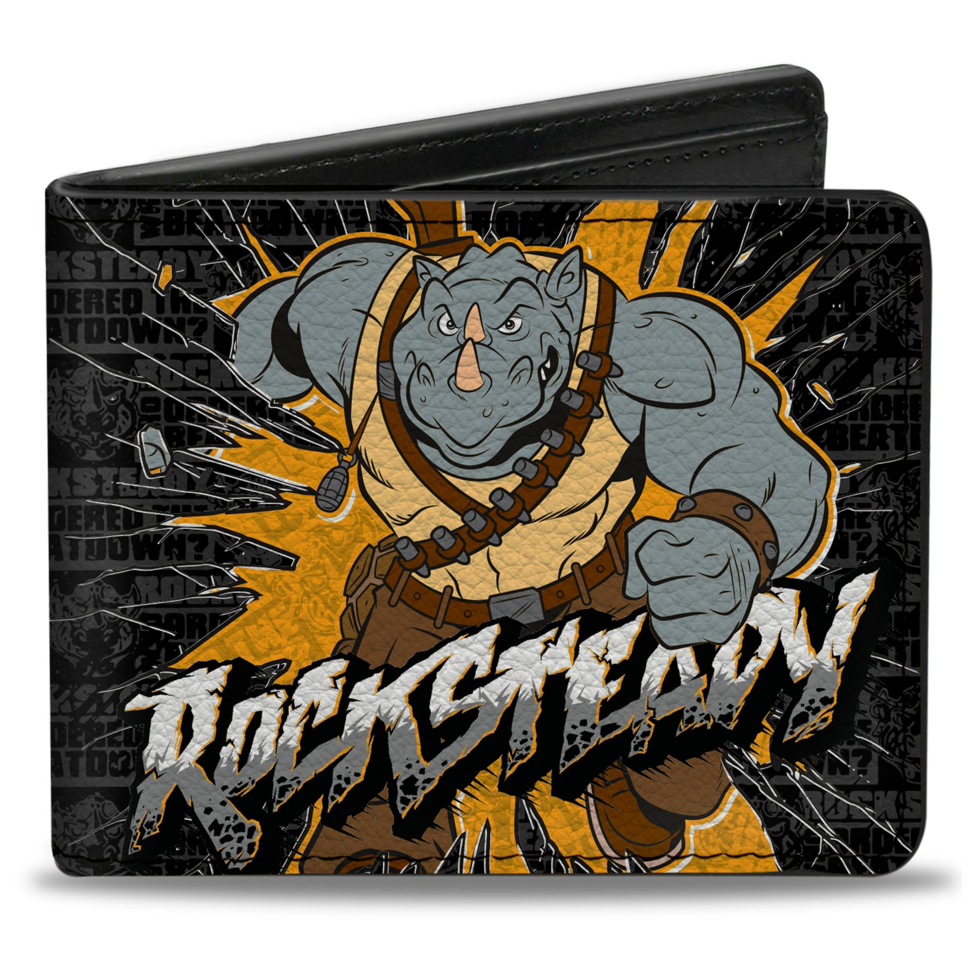 Bi-Fold Wallet - ROCKSTEADY Break Through Pose WHO ORDERED THE BEATDOWN Blocks Black Grays Gold Bi-Fold Wallets Teenage Mutant Ninja Turtles