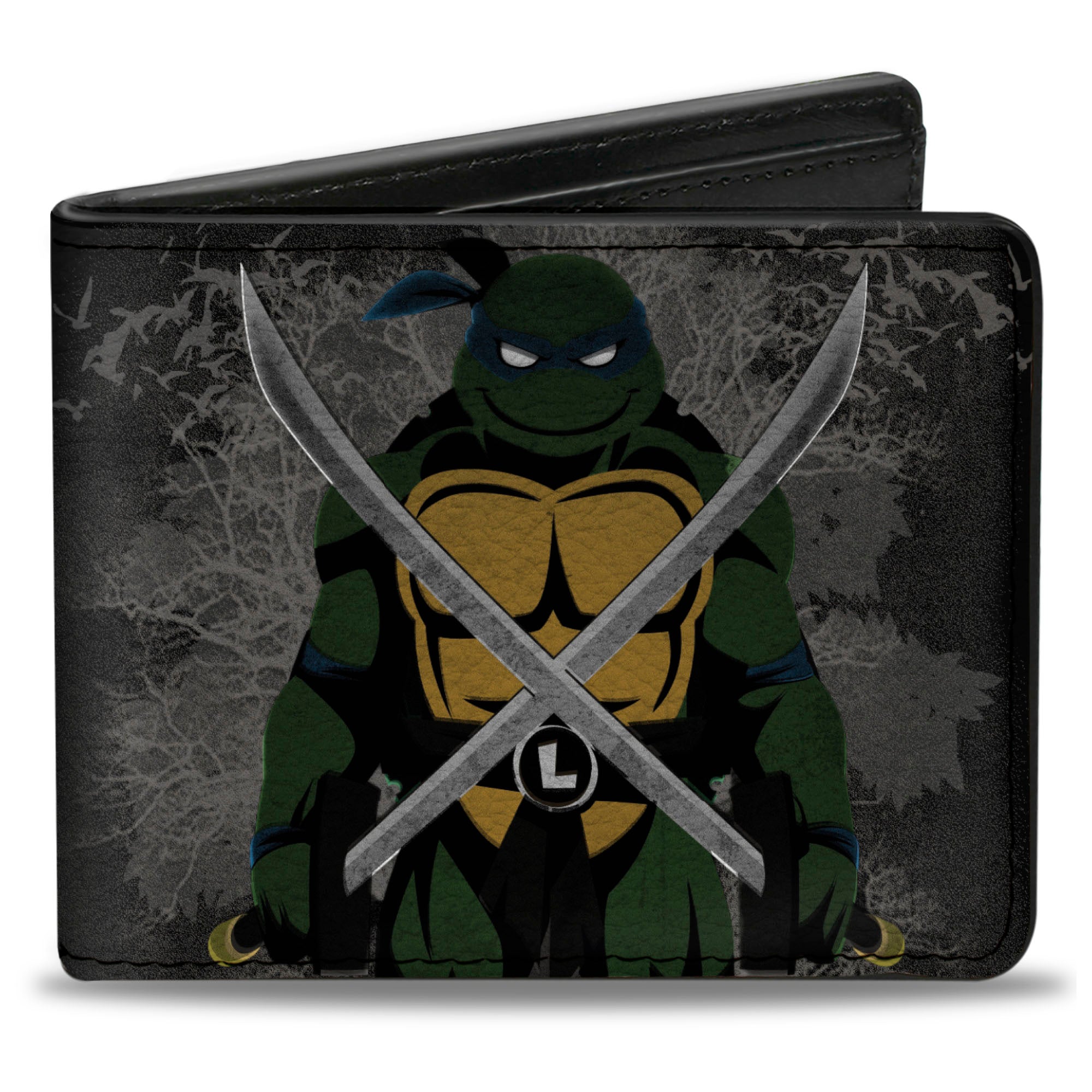Bi-Fold Wallet - Classic TMNT Leonardo Crossed Katana Dark Pose Black/Grays Bi-Fold Wallets Teenage Mutant Ninja Turtles
