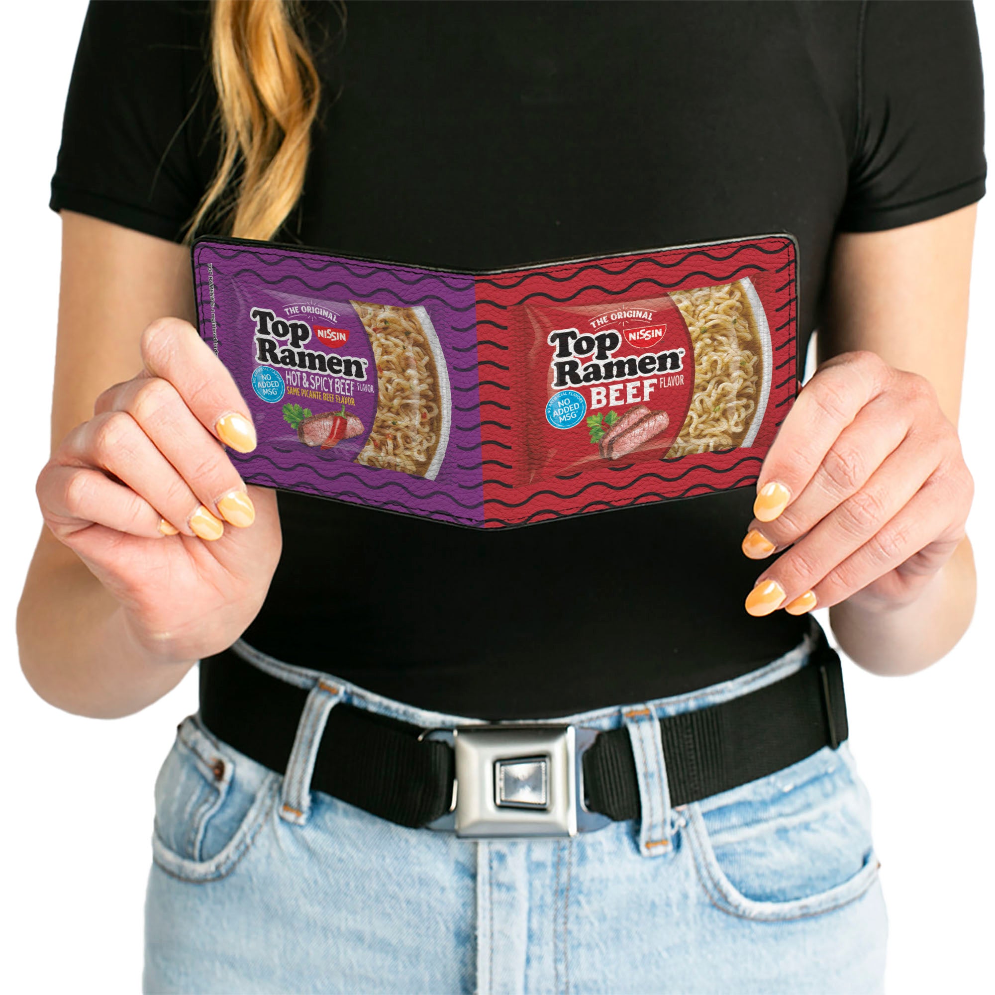Bi-Fold Wallet - Top Ramen Vivid Beef + Hot & Spicy Beef Packages Noodle Wave Red Purple Black Bi-Fold Wallets Nissin