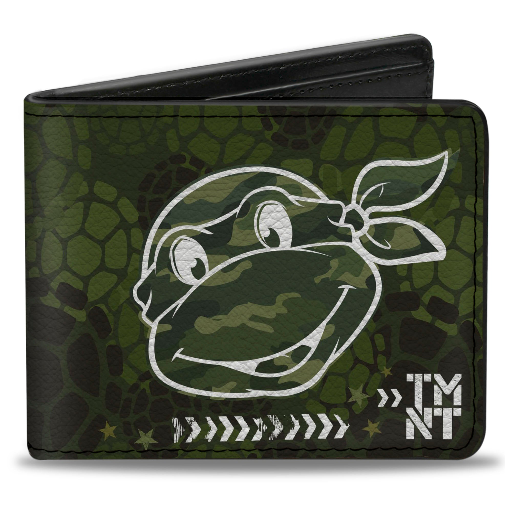 Bi-Fold Wallet - Classic Turtle Face CLOSE-UP Outline TMNT Turtle Shell Camo Olive White Bi-Fold Wallets Teenage Mutant Ninja Turtles