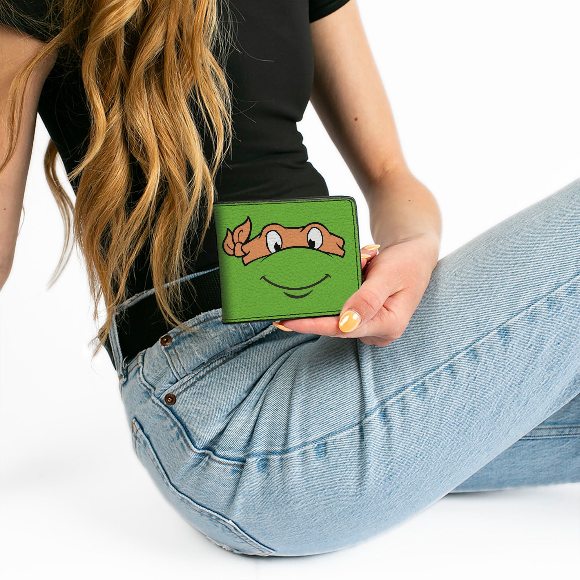 Bi-Fold Wallet - Classic TMNT Michaelangelo Face CLOSE-UP Green Orange Bi-Fold Wallets Teenage Mutant Ninja Turtles