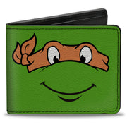 Bi-Fold Wallet - Classic TMNT Michaelangelo Face CLOSE-UP Green Orange Bi-Fold Wallets Teenage Mutant Ninja Turtles