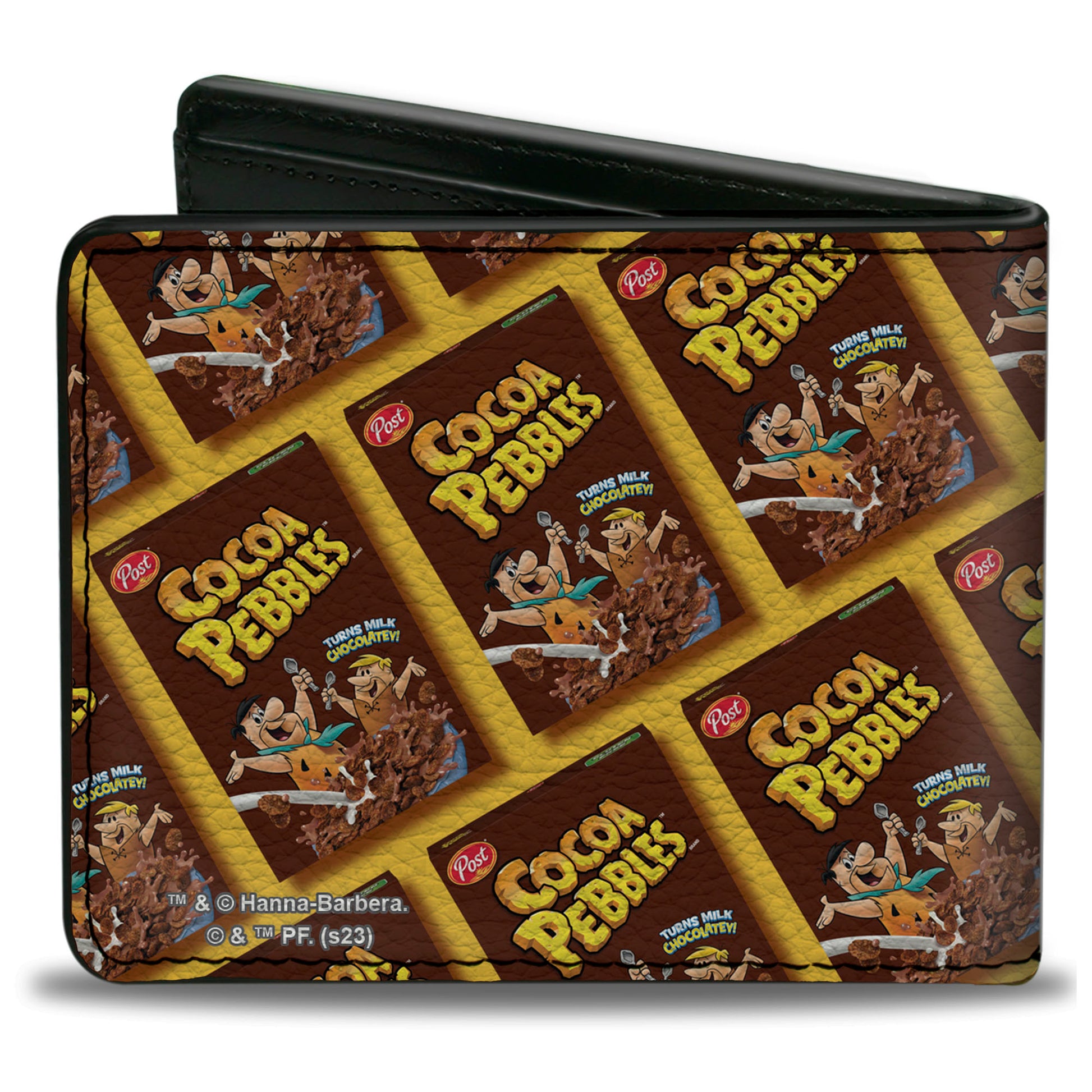 Bi-Fold Wallet - COCOA PEBBLES Fred Flintstone and Barney Rubble Cereal Box Repeat Yellow/Brown Bi-Fold Wallets The Flintstones