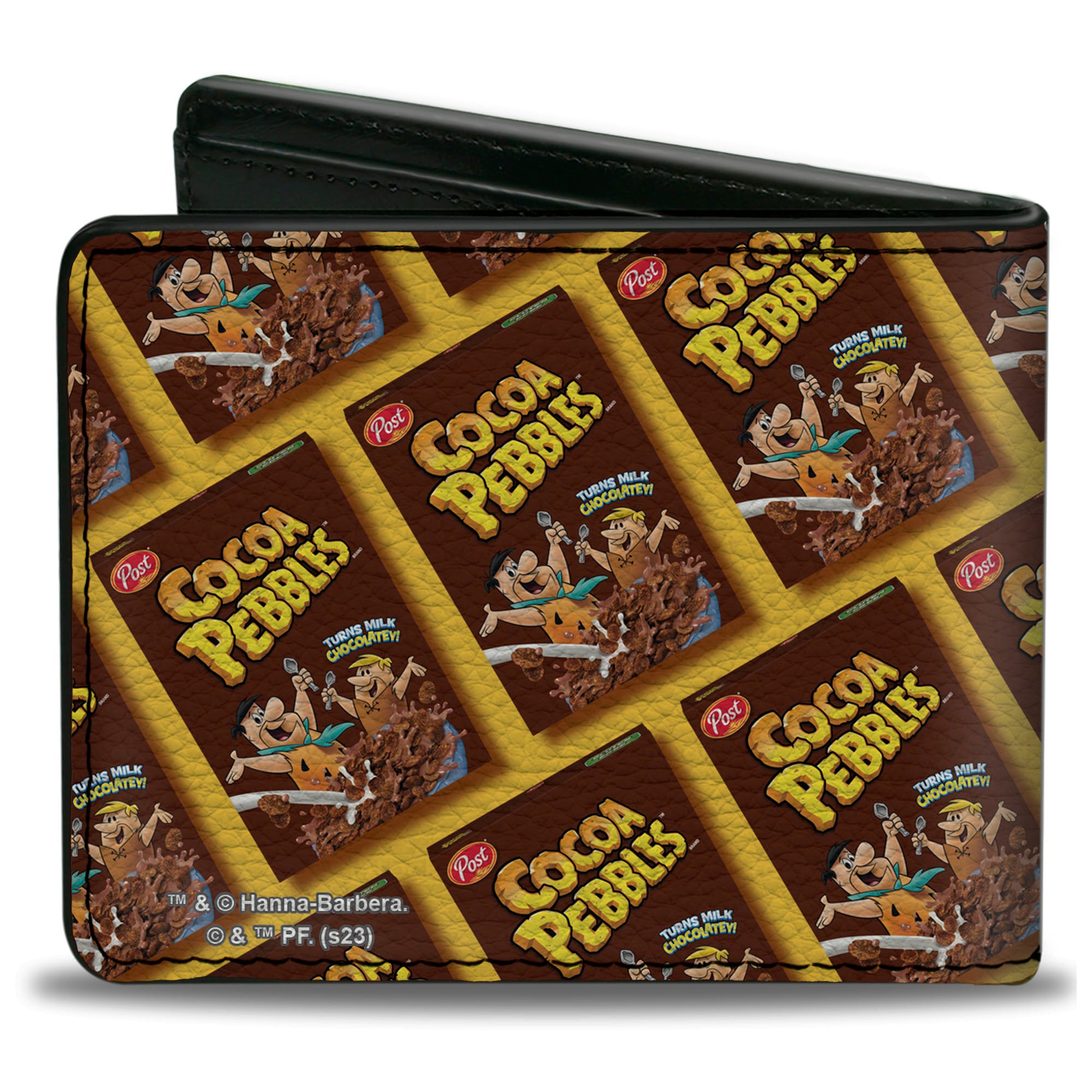 Bi-Fold Wallet - COCOA PEBBLES Fred Flintstone and Barney Rubble Cereal Box Repeat Yellow/Brown Bi-Fold Wallets The Flintstones