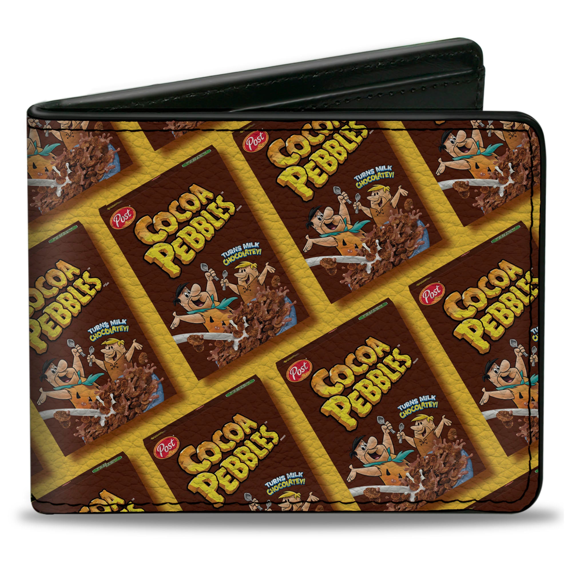 Bi-Fold Wallet - COCOA PEBBLES Fred Flintstone and Barney Rubble Cereal Box Repeat Yellow/Brown Bi-Fold Wallets The Flintstones