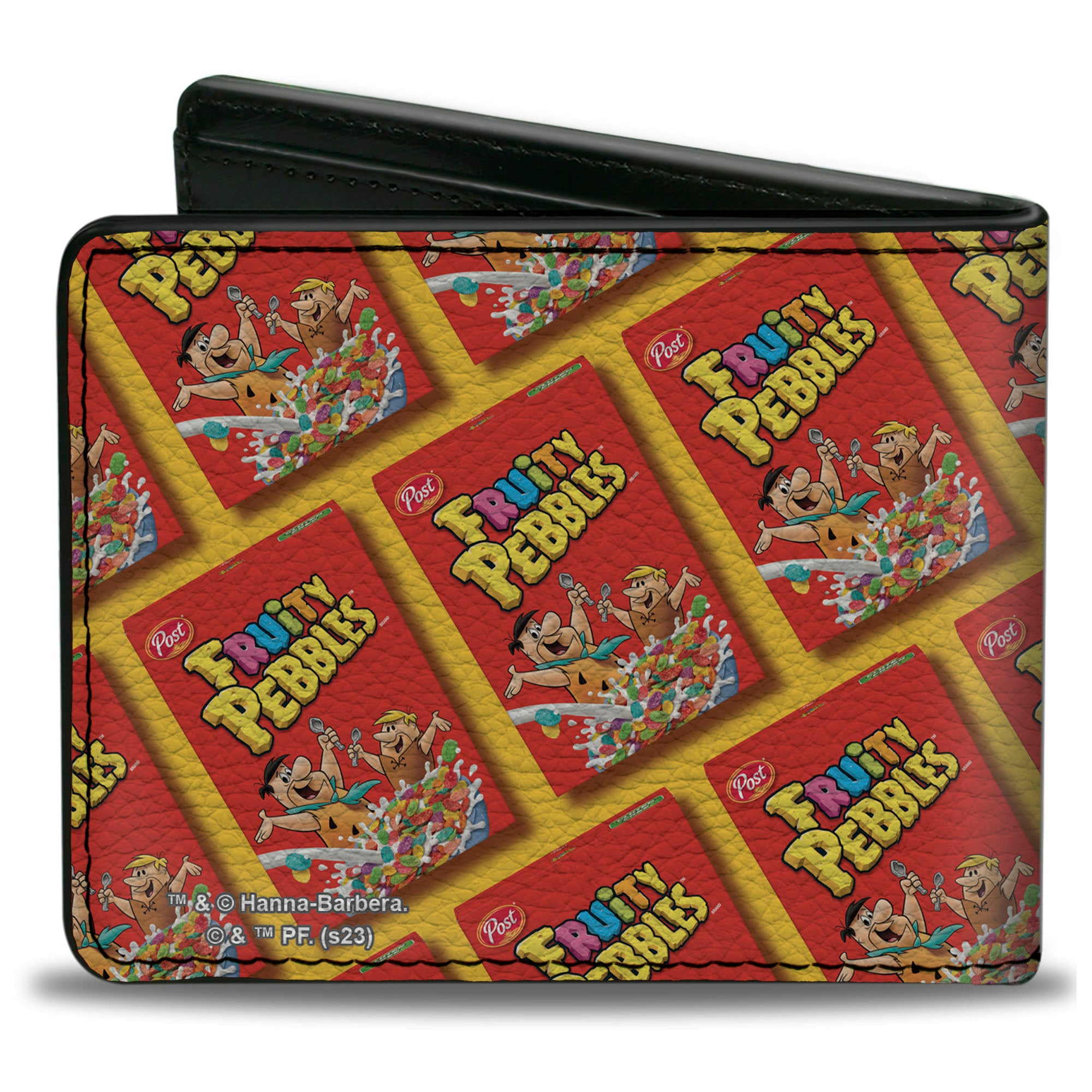 Bi-Fold Wallet - FRUITY PEBBLES Fred Flintstone and Barney Rubble Cereal Box Repeat Yellow/Red Bi-Fold Wallets The Flintstones