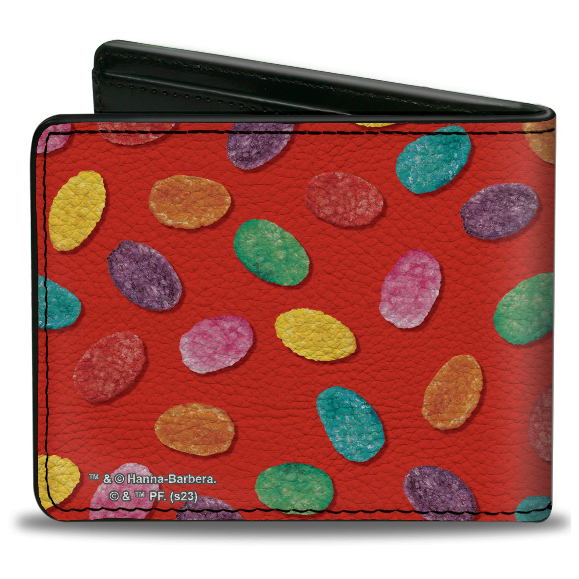 Bi-Fold Wallet - POST FRUITY PEBBLES Centered Logo and Cereal Pebbles Scattered Red/Multi Color Bi-Fold Wallets The Flintstones
