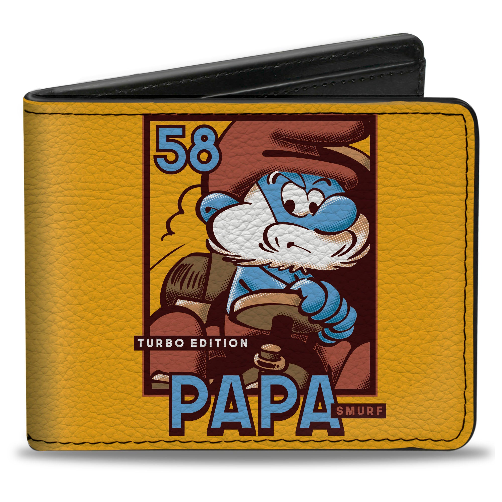 Bi-Fold Wallet - THE SMURFS Papa Smurf Kart Racing TURBO EDITION Pose and Title Logo Orange Bi-Fold Wallets The Smurfs