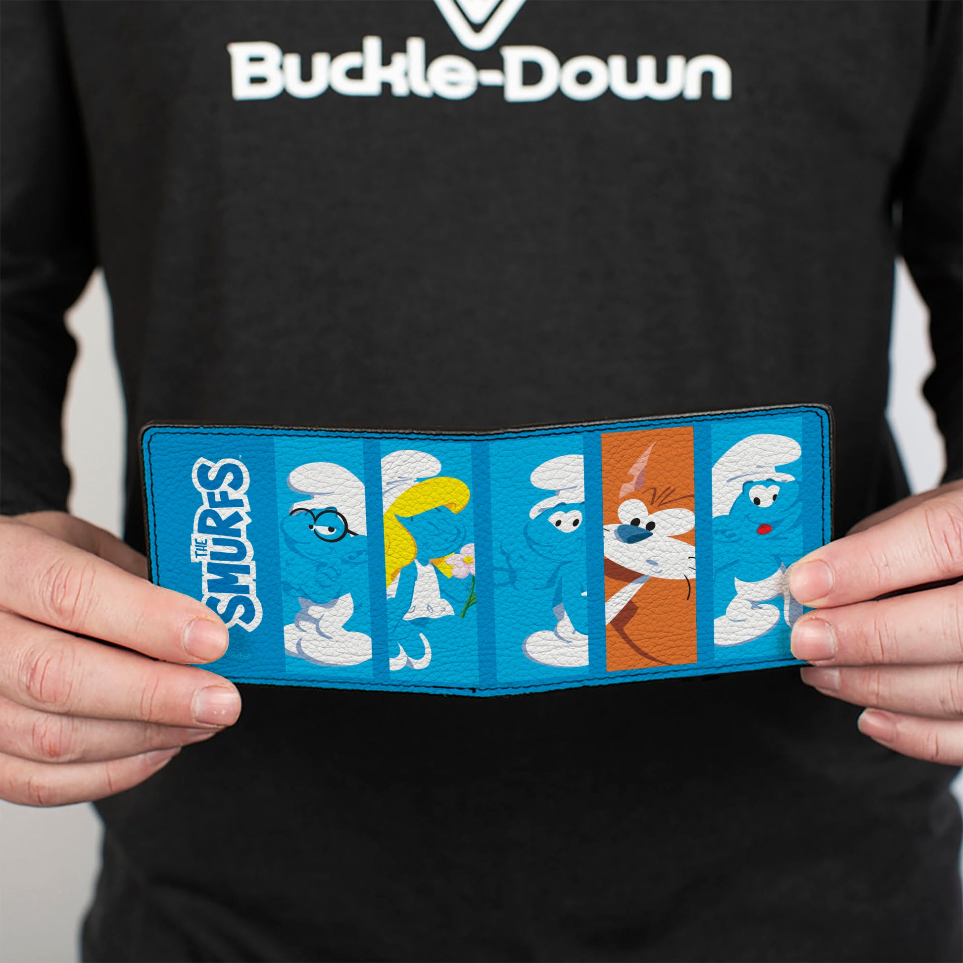 Bi-Fold Wallet - THE SMURFS Five Smurfs and Azrael Pose Blocks and Title Logo Blues Bi-Fold Wallets The Smurfs