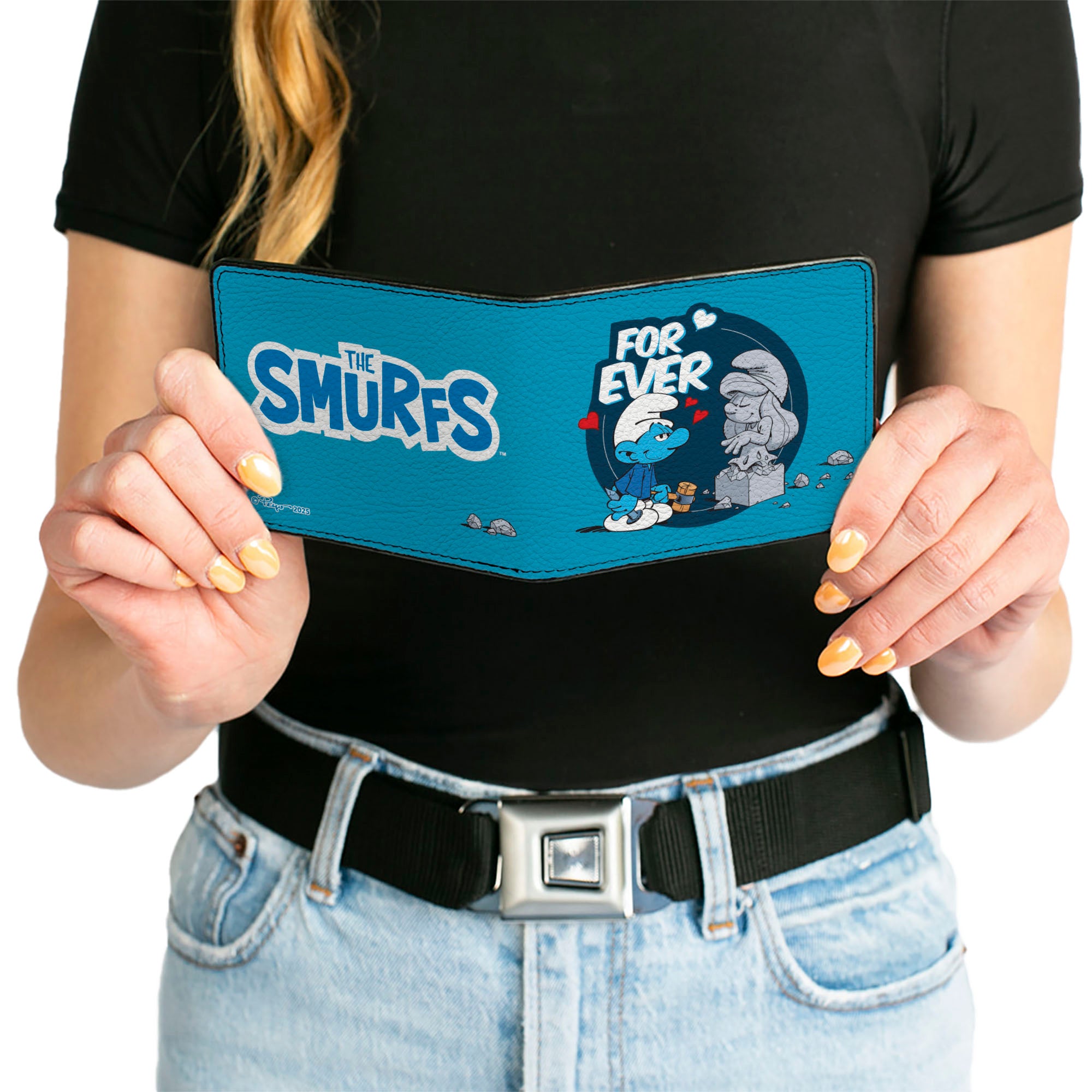 Bi-Fold Wallet - THE SMURFS Sculptor Smurf FOREVER True Love Pose and Title Logo Blues Bi-Fold Wallets The Smurfs
