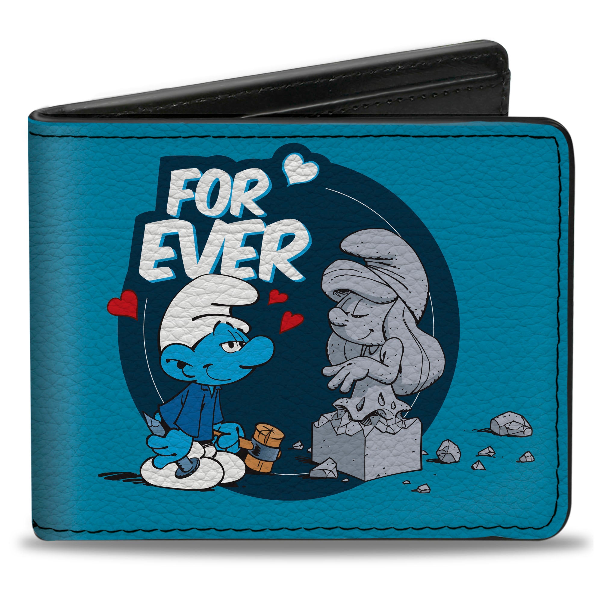 Bi-Fold Wallet - THE SMURFS Sculptor Smurf FOREVER True Love Pose and Title Logo Blues Bi-Fold Wallets The Smurfs