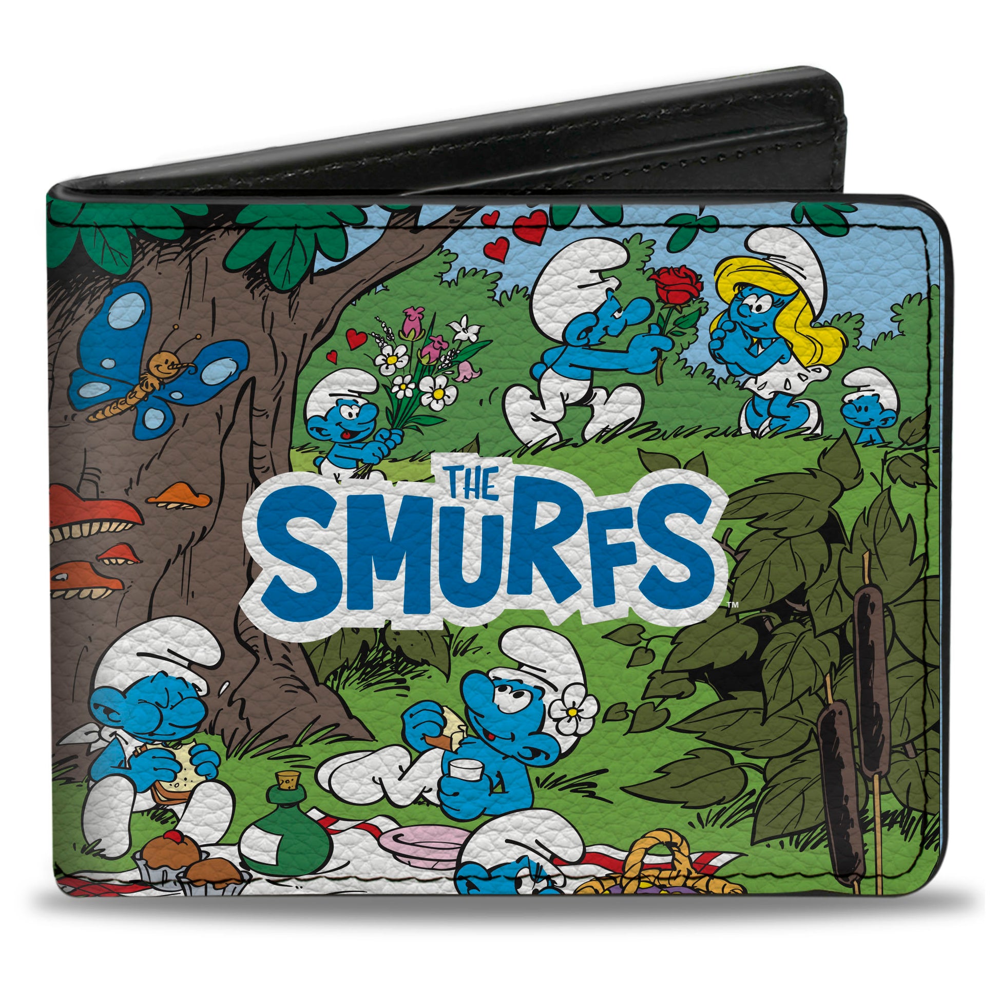 Bi-Fold Wallet - THE SMURFS Picnic and Swimming Group Scene and Title Logo Bi-Fold Wallets The Smurfs