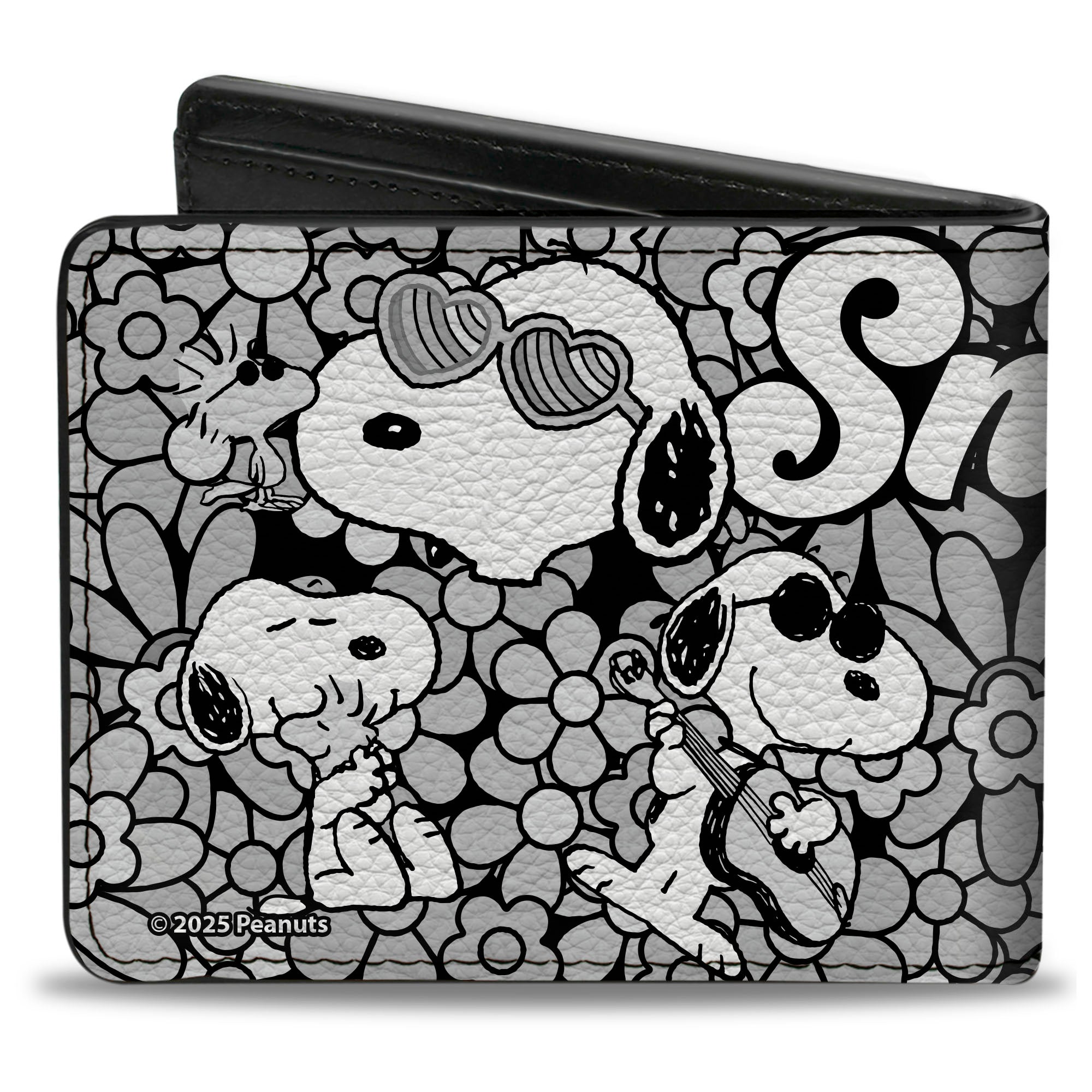Bi-Fold Wallet - Snoopy Poses and Daisy Flowers Collage Black/Grays/White Bi-Fold Wallets Peanuts
