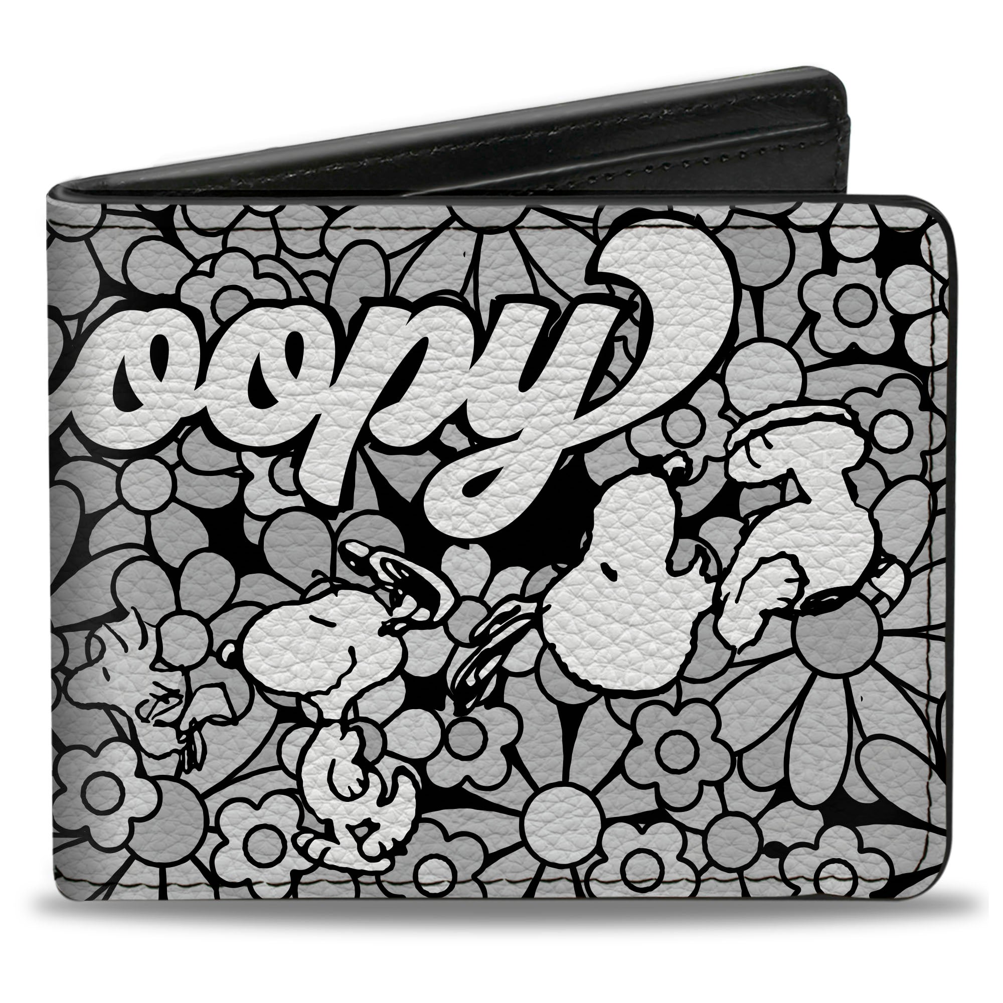 Bi-Fold Wallet - Snoopy Poses and Daisy Flowers Collage Black/Grays/White Bi-Fold Wallets Peanuts