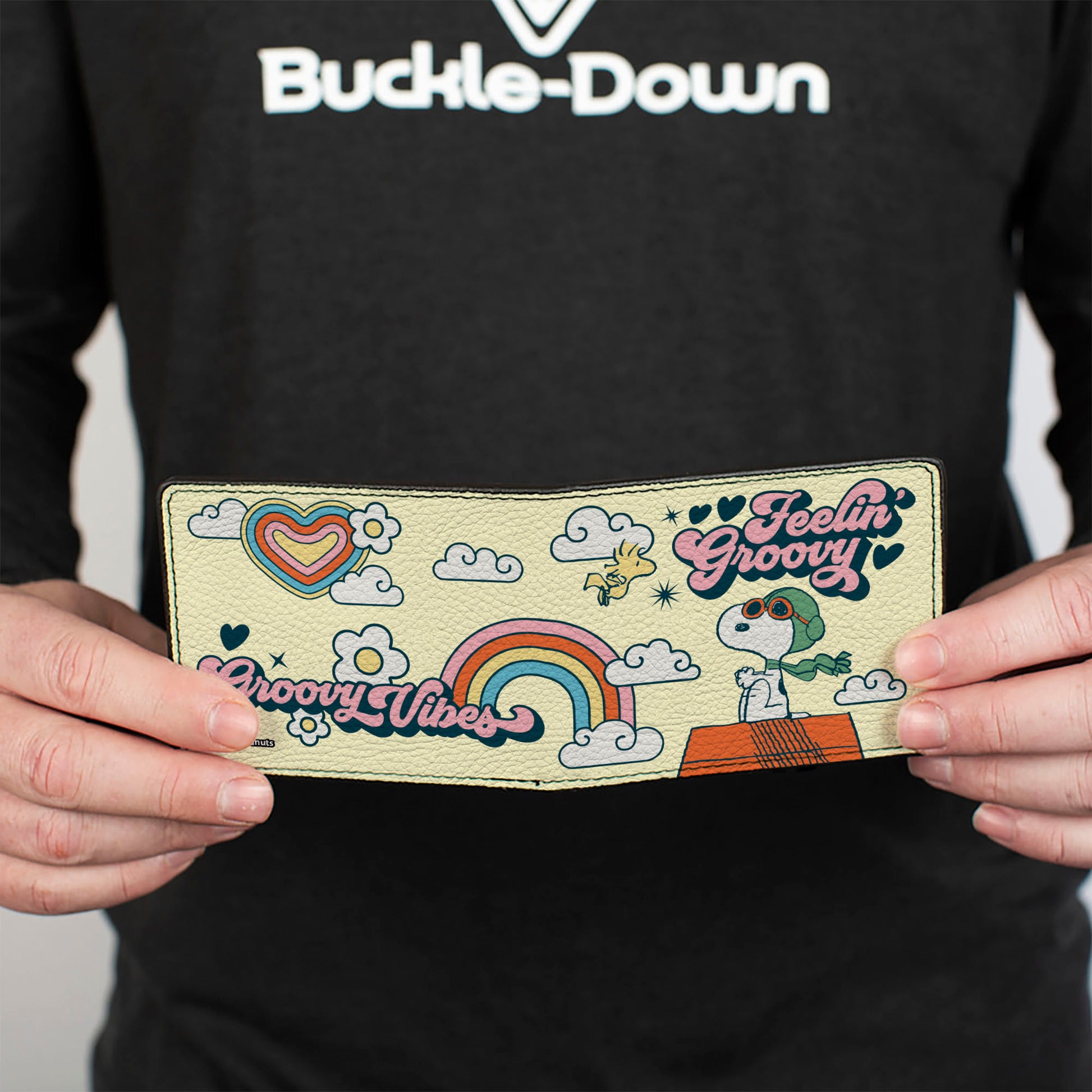 Bi-Fold Wallet - Peanuts Snoopy Flying Ace and Woodstock GROOVY Quotes Collage Yellow Bi-Fold Wallets Peanuts