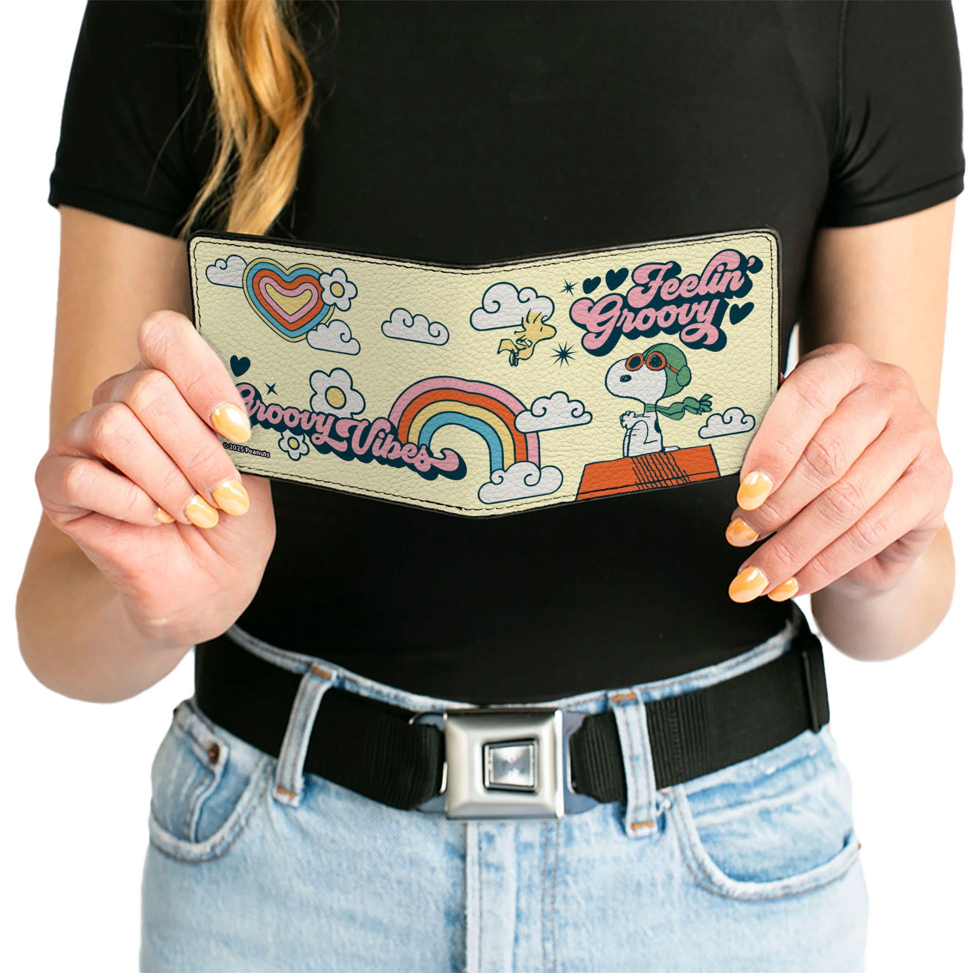 Bi-Fold Wallet - Peanuts Snoopy Flying Ace and Woodstock GROOVY Quotes Collage Yellow Bi-Fold Wallets Peanuts