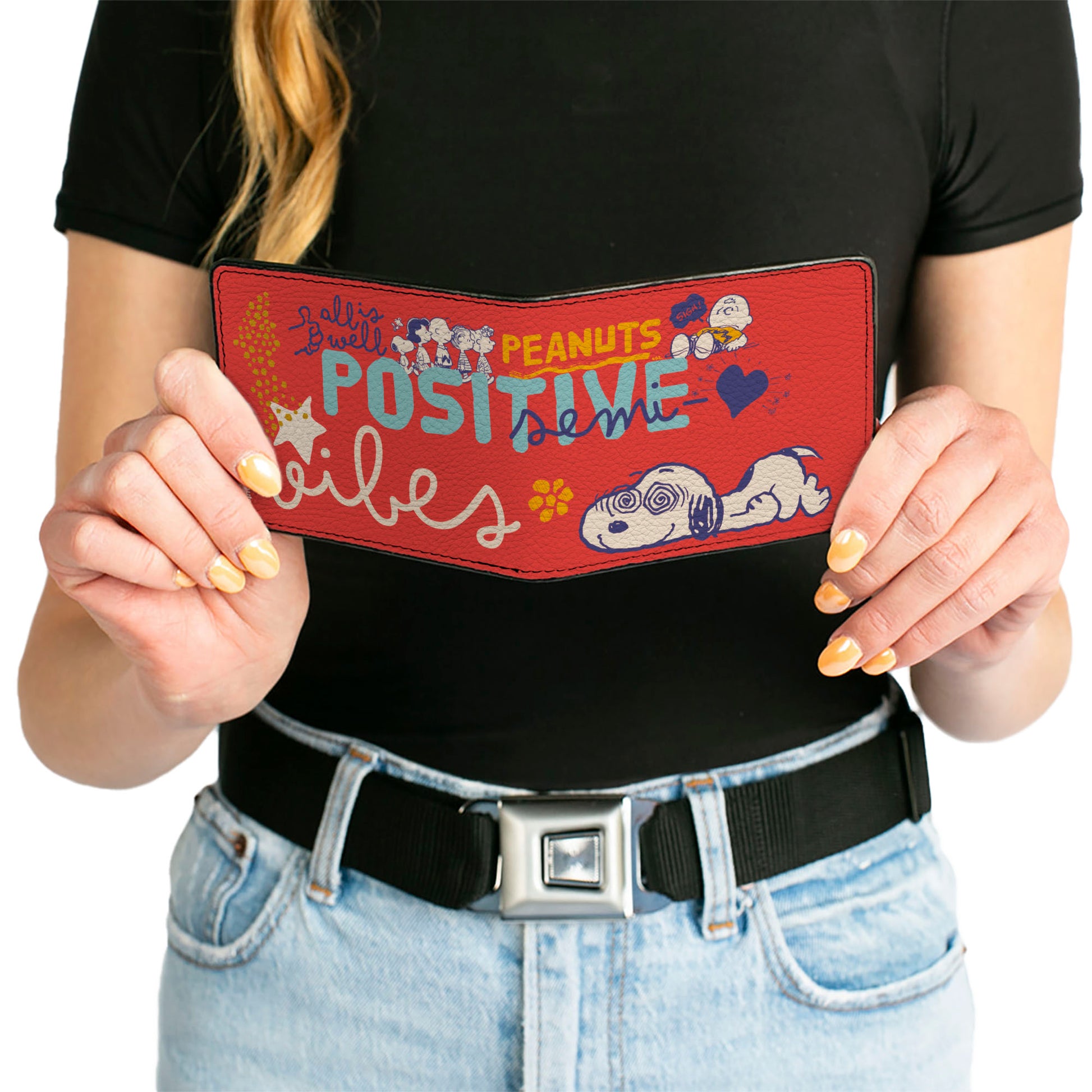 Bi-Fold Wallet - Peanuts Gang SEMI-POSITIVE VIBES Poses Red/Blues/White Bi-Fold Wallets Peanuts