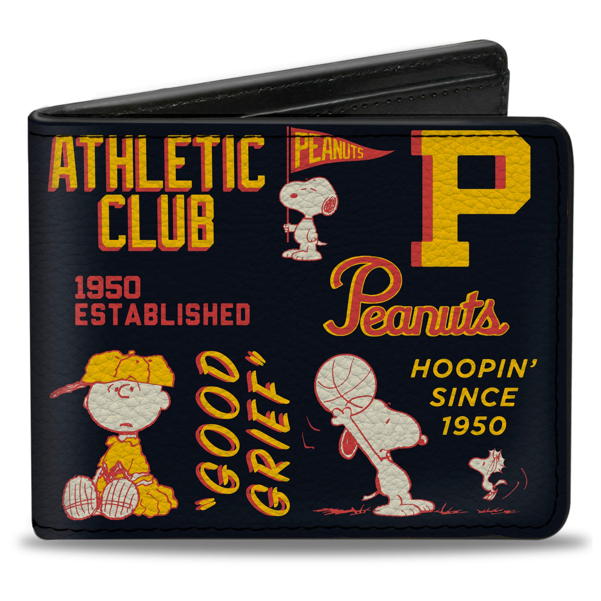 Bi-Fold Wallet - PEANUTS ATHLETIC CLUB Varsity Poses and Quotes Collage Black/Red/Yellow Bi-Fold Wallets Peanuts
