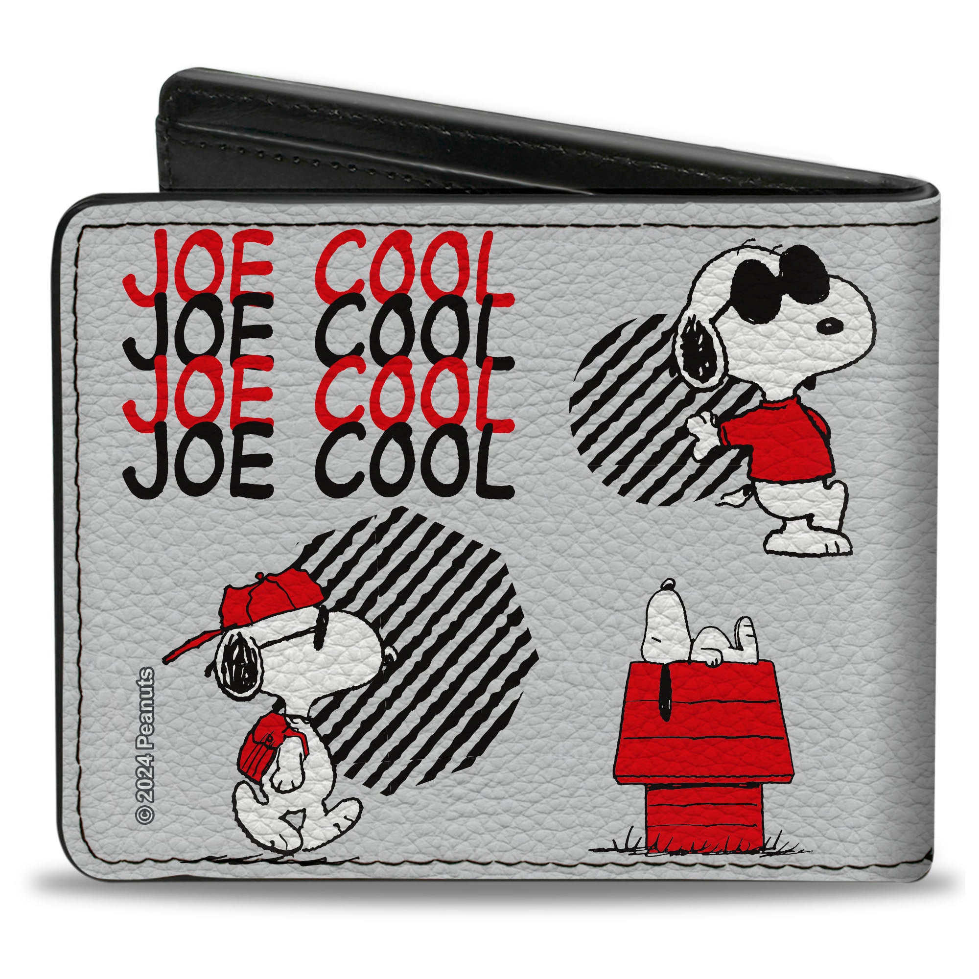 Bi-Fold Wallet - Peanuts JOE COOL Snoopy Poses and Text Gray/Black/Red/White Bi-Fold Wallets Peanuts