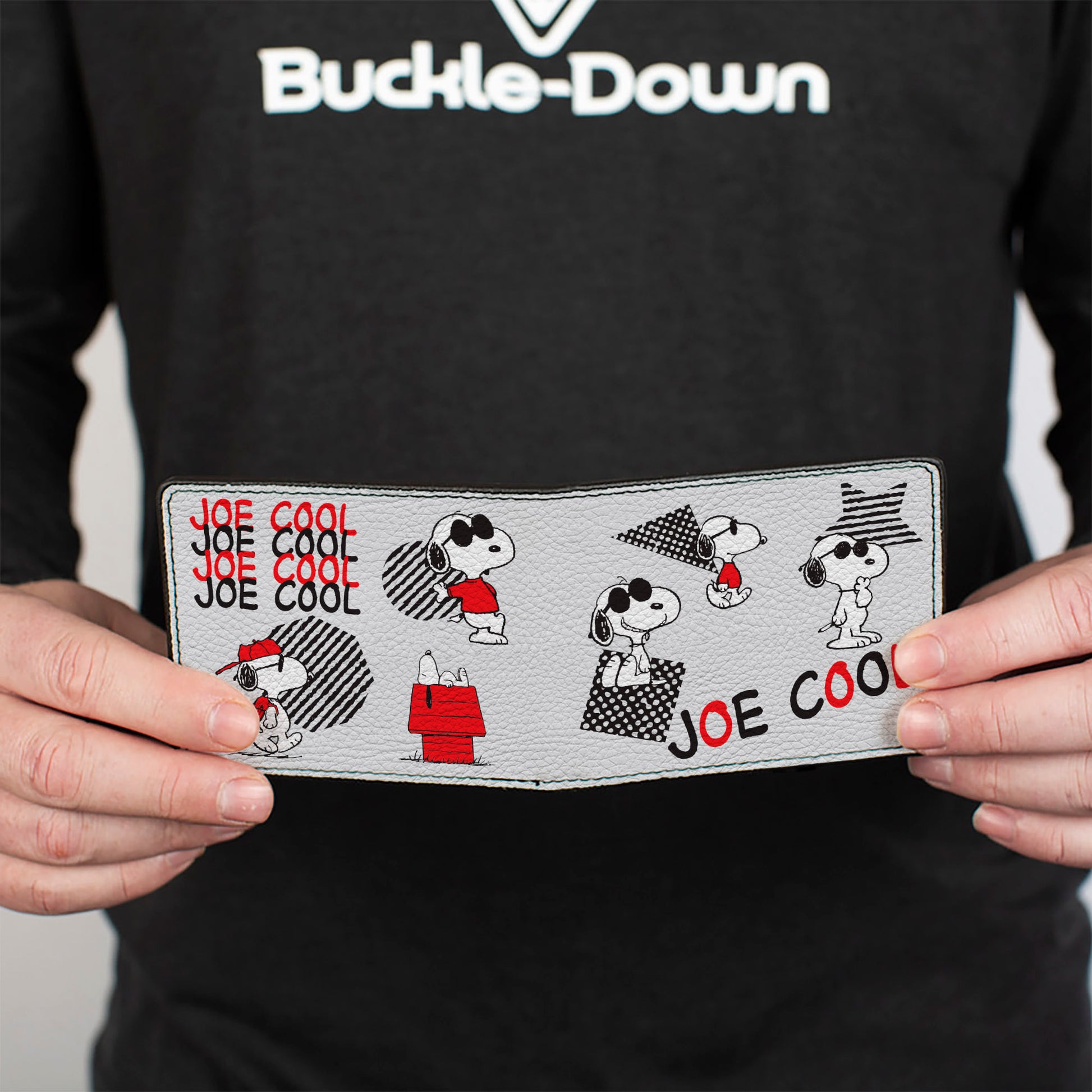 Bi-Fold Wallet - Peanuts JOE COOL Snoopy Poses and Text Gray/Black/Red/White Bi-Fold Wallets Peanuts