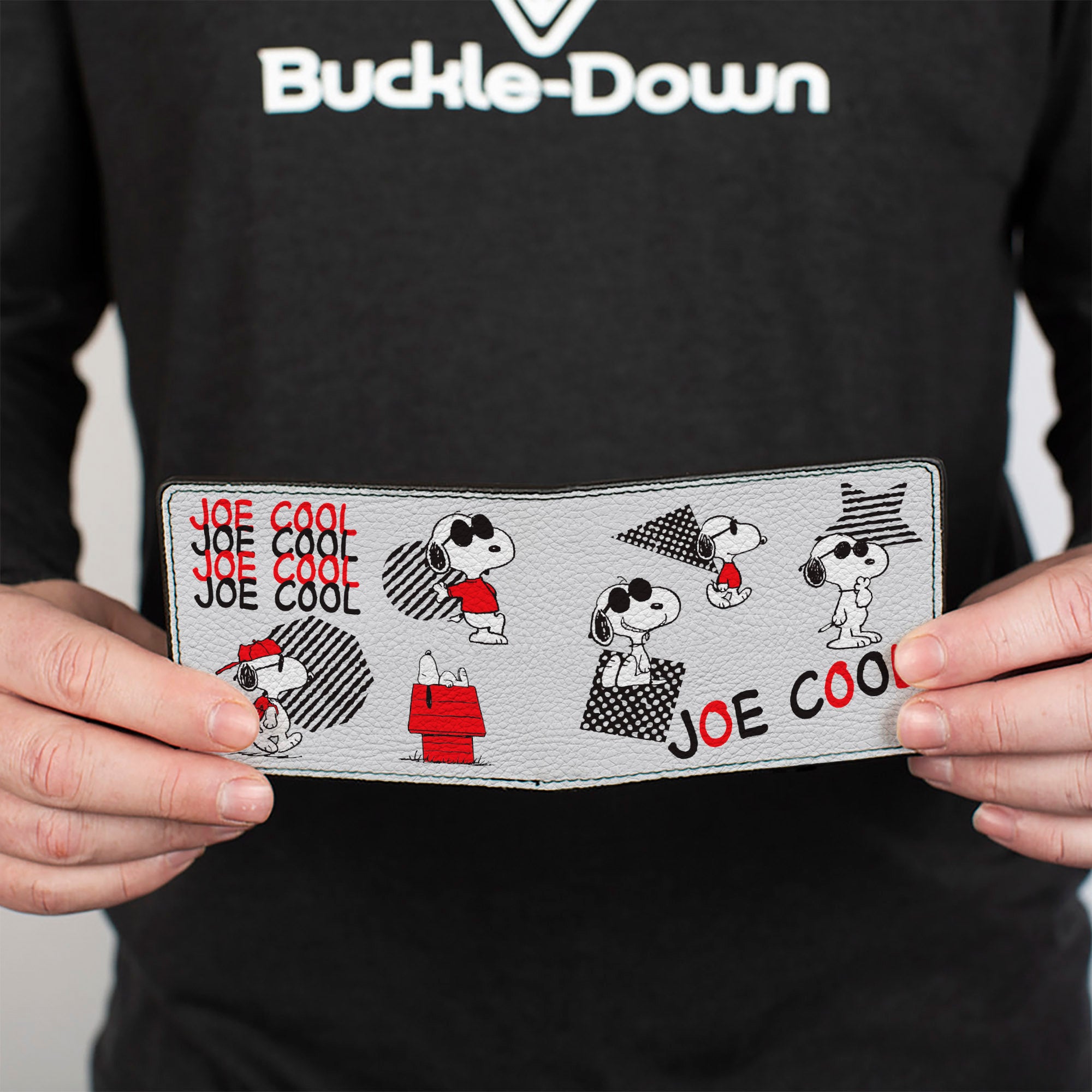 Bi-Fold Wallet - Peanuts JOE COOL Snoopy Poses and Text Gray/Black/Red/White Bi-Fold Wallets Peanuts