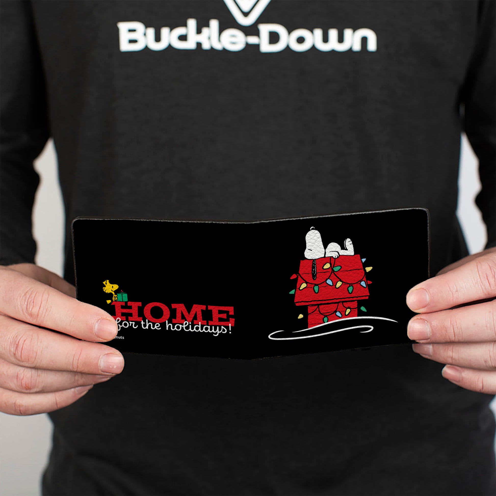 Bi-Fold Wallet - Peanuts Snoopy Dog House Pose HOME FOR THE HOLIDAYS Black Bi-Fold Wallets Peanuts