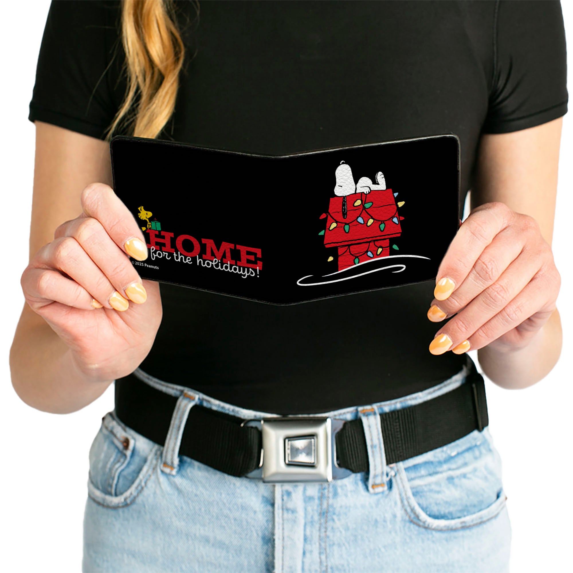 Bi-Fold Wallet - Peanuts Snoopy Dog House Pose HOME FOR THE HOLIDAYS Black Bi-Fold Wallets Peanuts