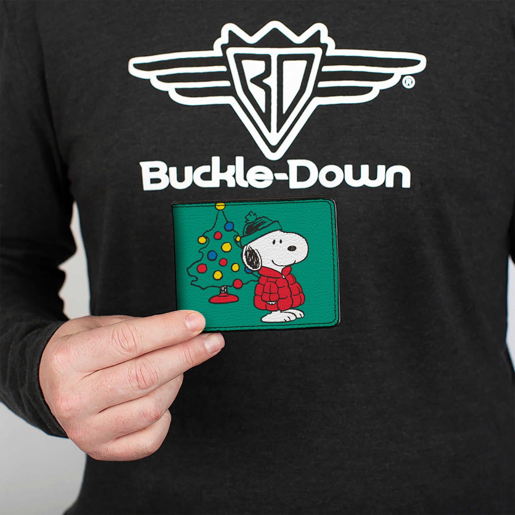 Bi-Fold Wallet - Snoopy and Woodstock Holiday Red Puffer Jacket Pose Green Bi-Fold Wallets Peanuts