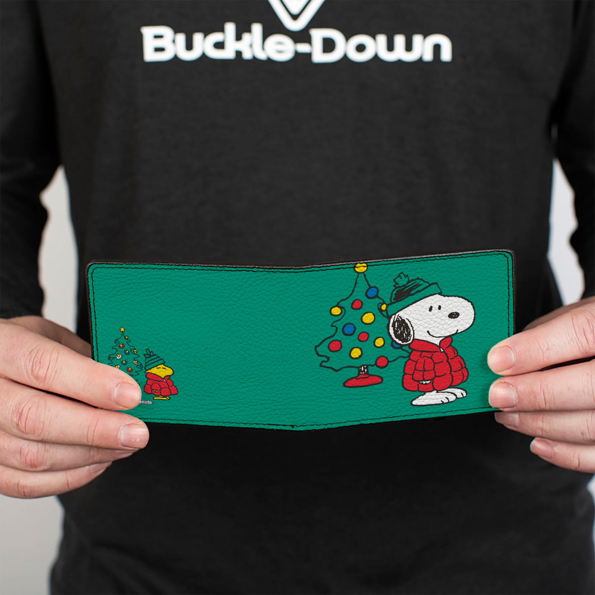 Bi-Fold Wallet - Snoopy and Woodstock Holiday Red Puffer Jacket Pose Green Bi-Fold Wallets Peanuts