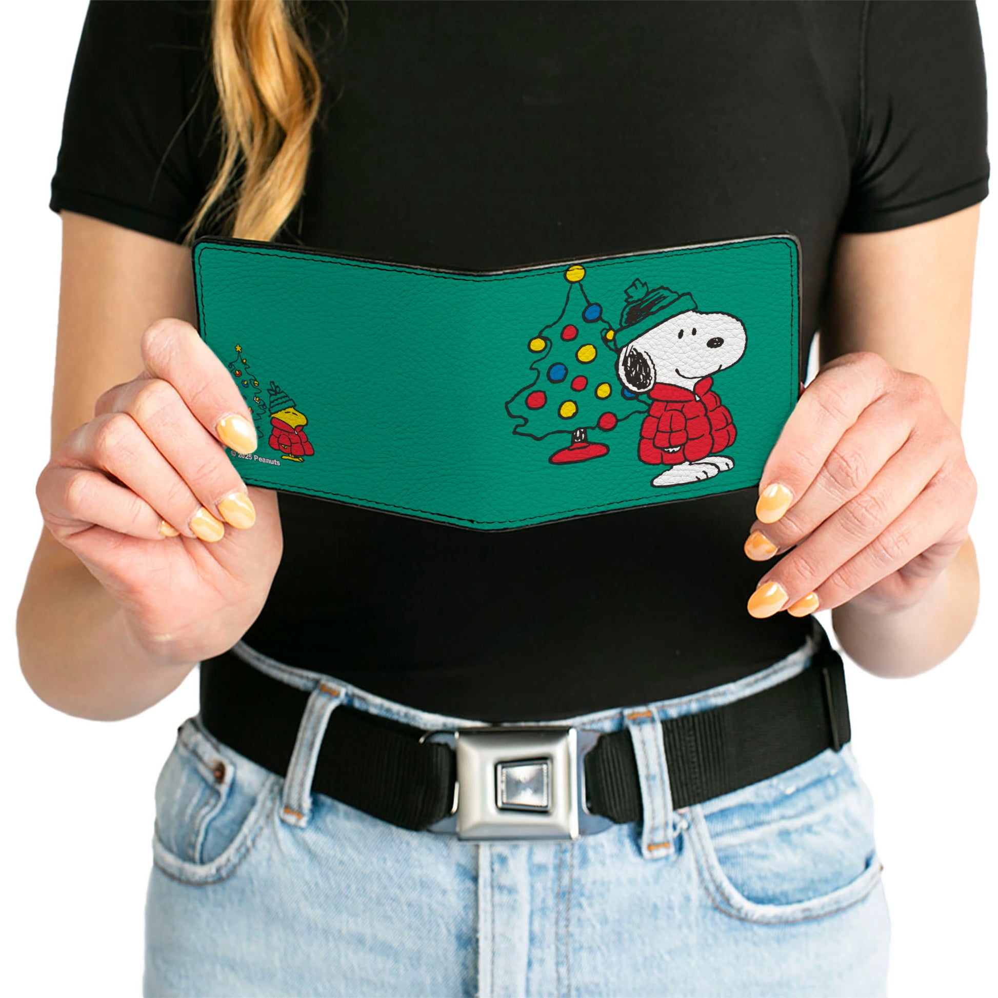 Bi-Fold Wallet - Snoopy and Woodstock Holiday Red Puffer Jacket Pose Green Bi-Fold Wallets Peanuts