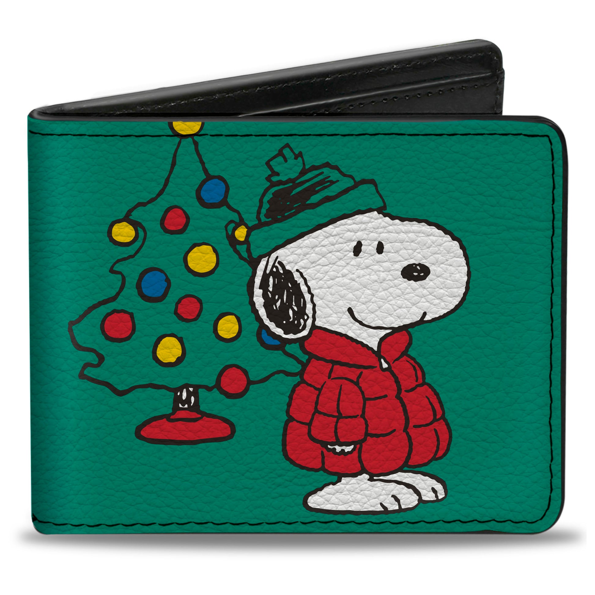 Bi-Fold Wallet - Snoopy and Woodstock Holiday Red Puffer Jacket Pose Green Bi-Fold Wallets Peanuts