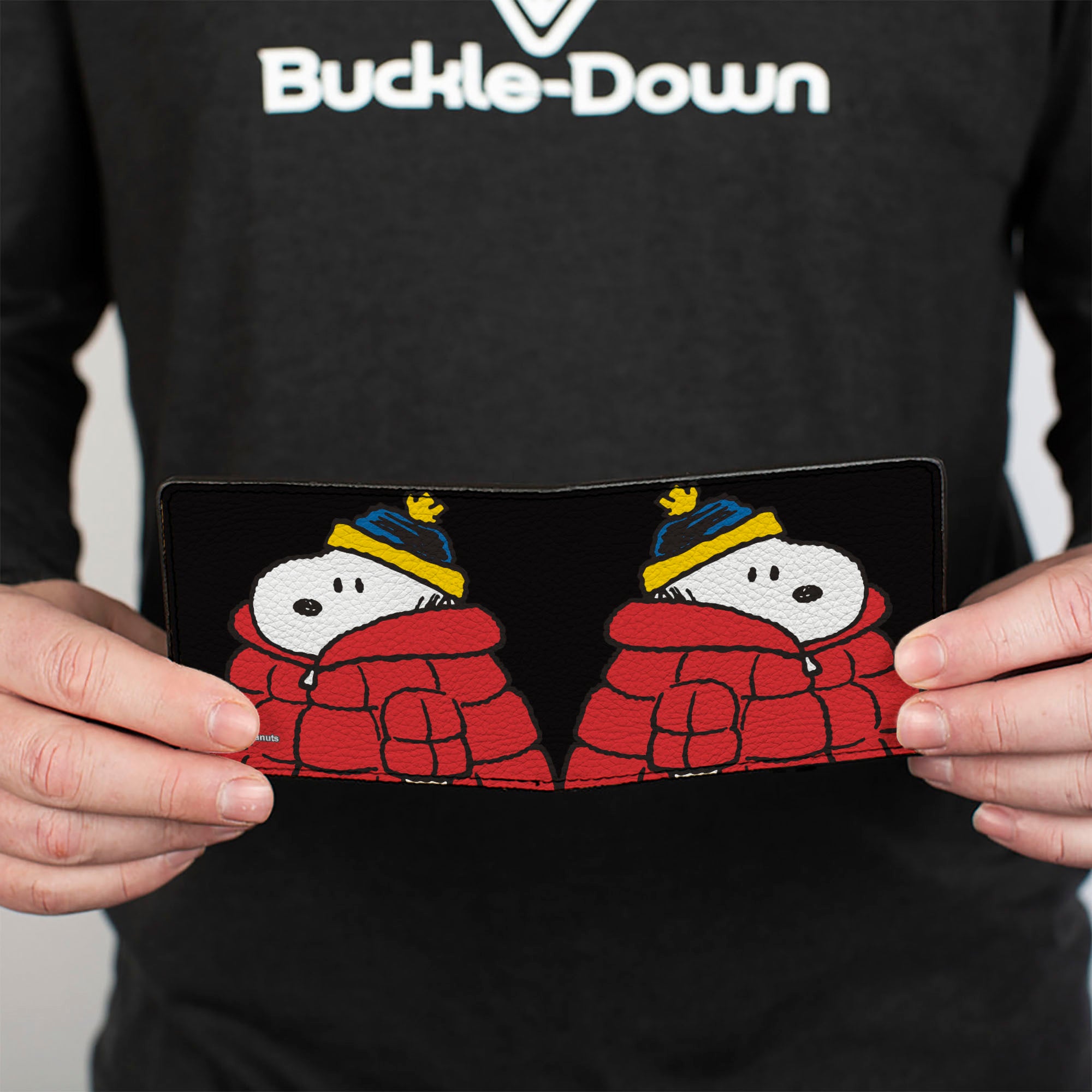 Bi-Fold Wallet - Snoopy and Woodstock Holiday Red Puffer Jacket Pose Black Bi-Fold Wallets Peanuts