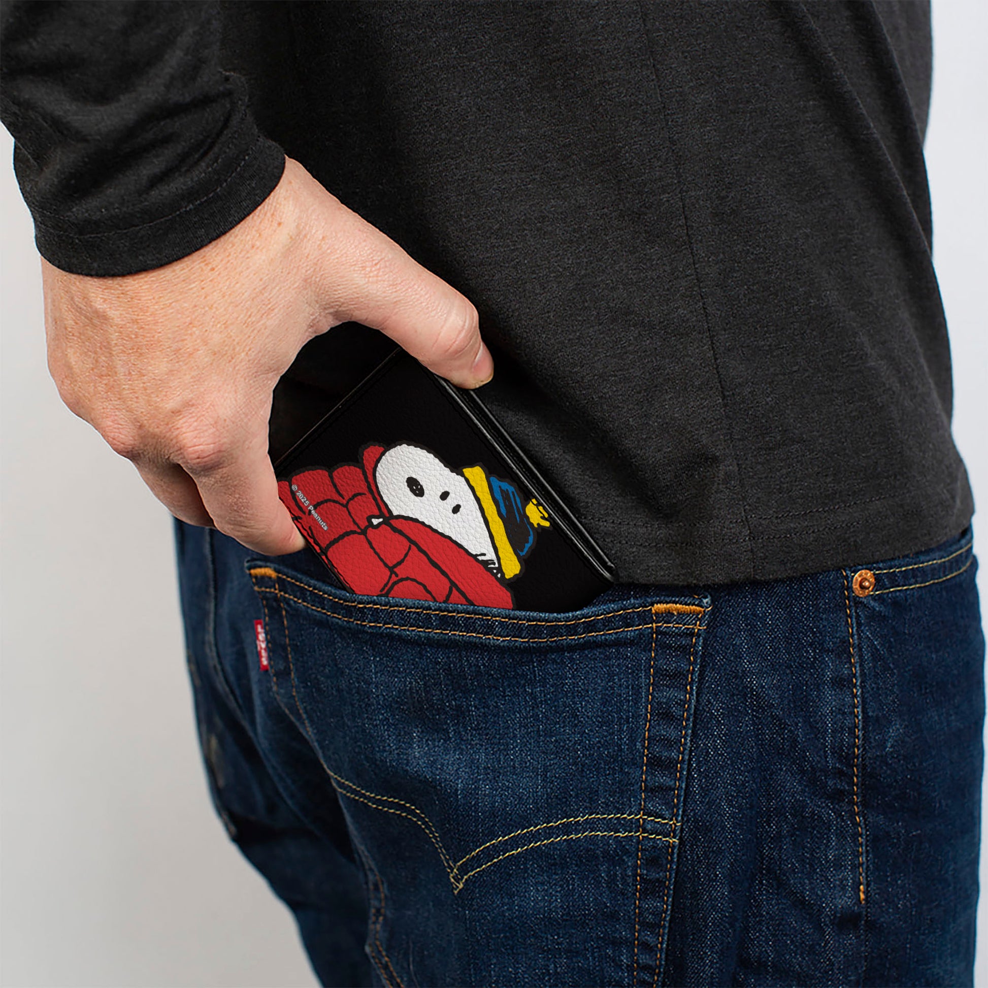 Bi-Fold Wallet - Snoopy and Woodstock Holiday Red Puffer Jacket Pose Black Bi-Fold Wallets Peanuts