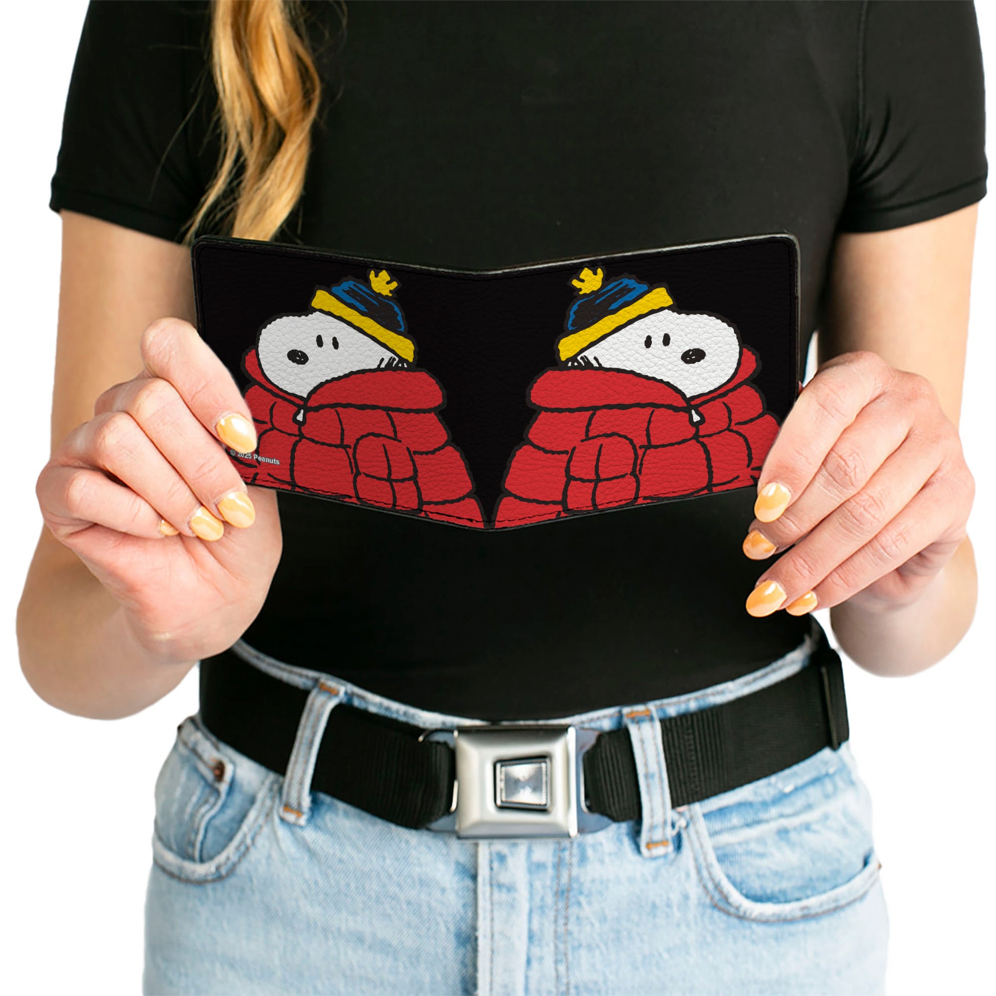 Bi-Fold Wallet - Snoopy and Woodstock Holiday Red Puffer Jacket Pose Black Bi-Fold Wallets Peanuts