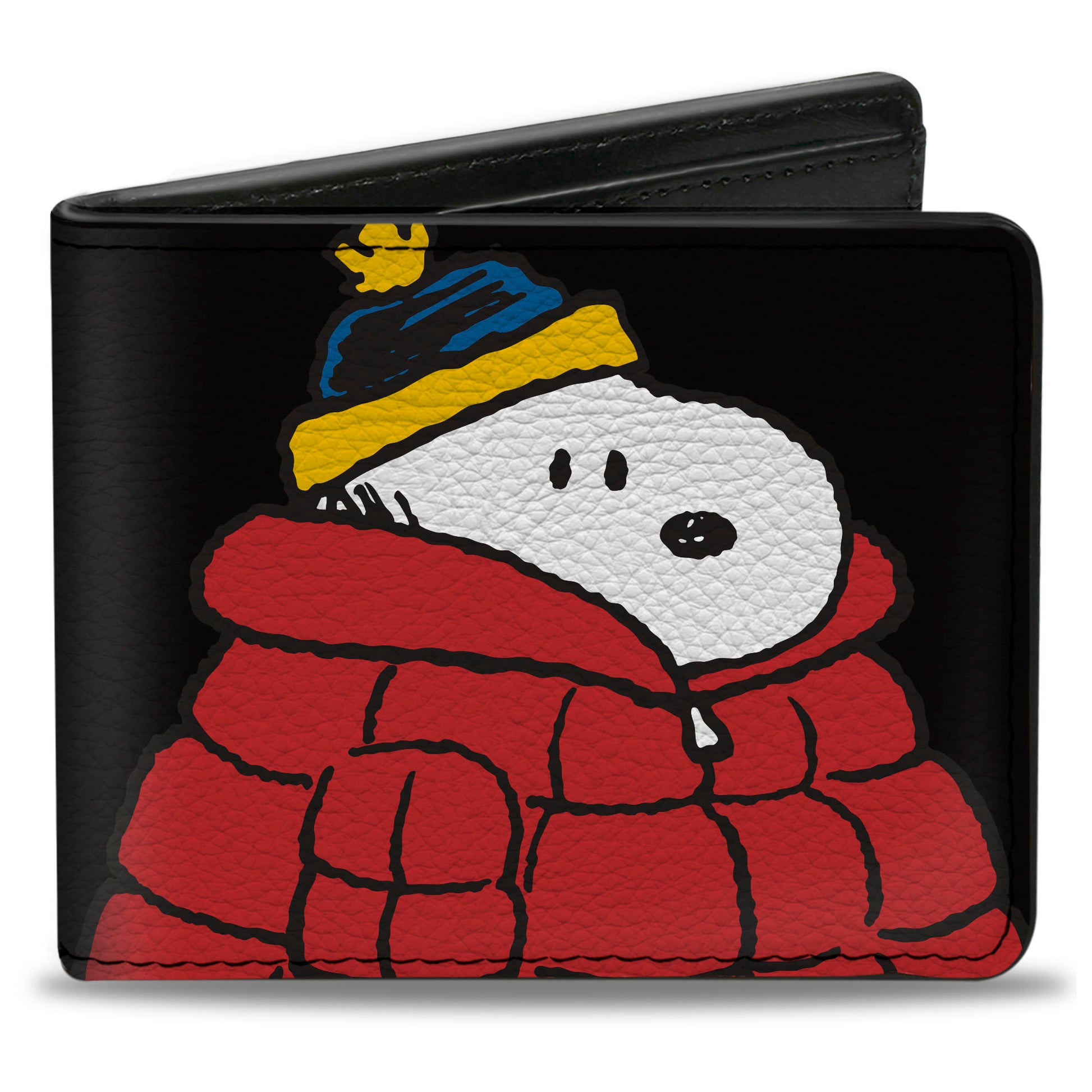 Bi-Fold Wallet - Snoopy and Woodstock Holiday Red Puffer Jacket Pose Black Bi-Fold Wallets Peanuts