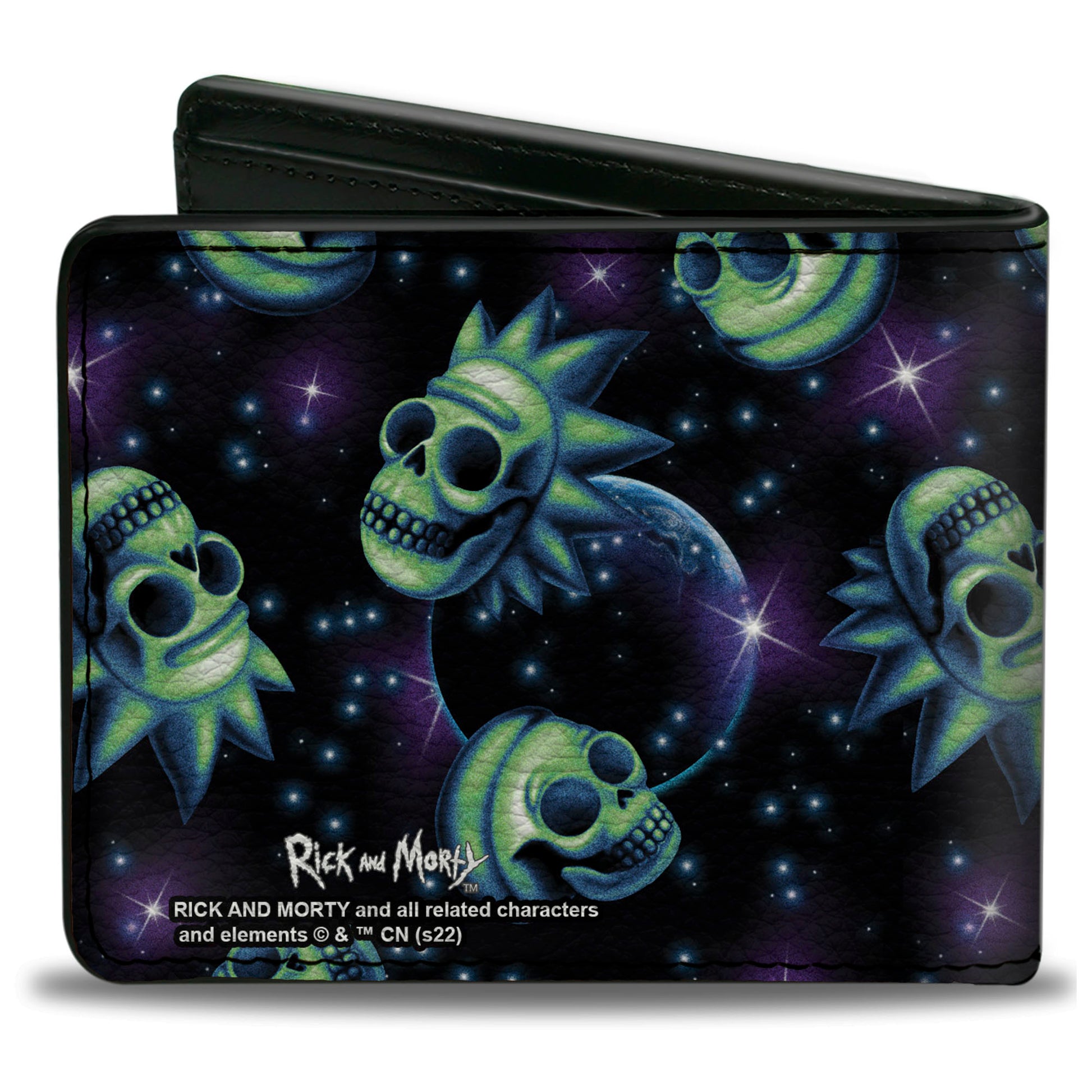 Bi-Fold Wallet - Rick and Morty Glow Skull in Space Scattered Black Blues Greens Bi-Fold Wallets Rick and Morty