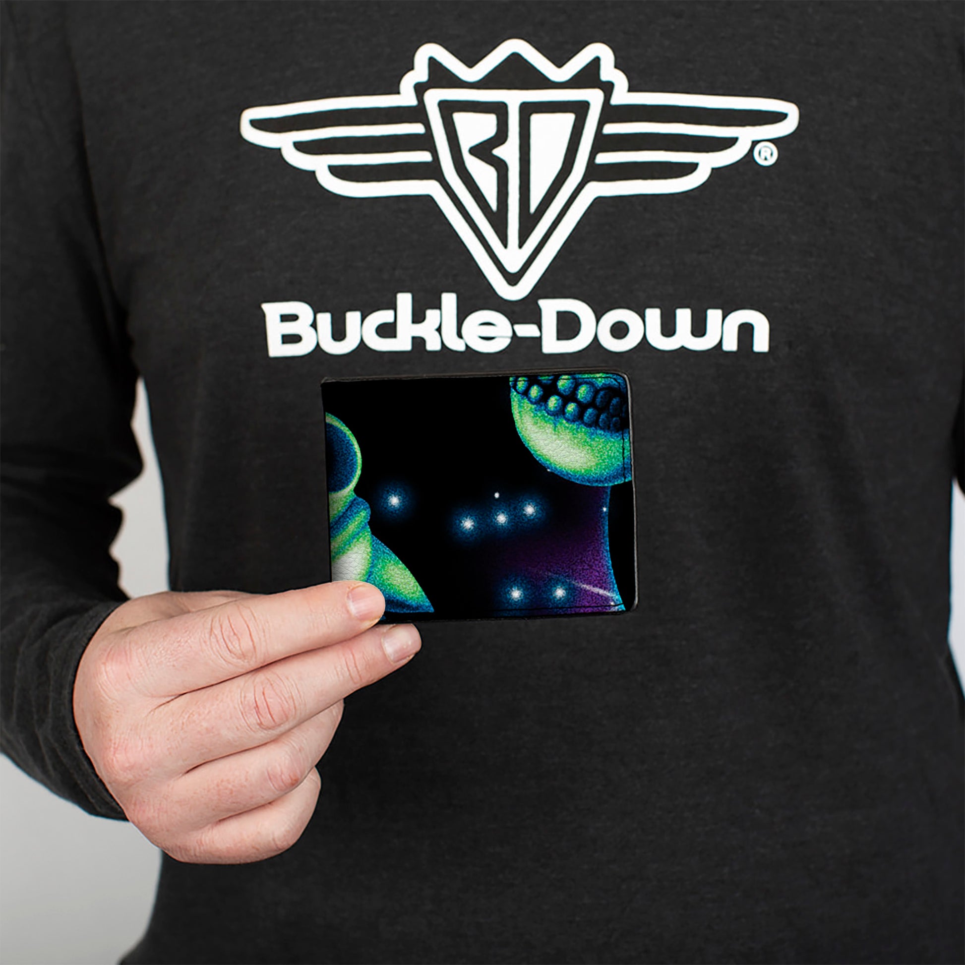 Bi-Fold Wallet - Rick and Morty Glow Skull in Space Scattered Black Blues Greens Bi-Fold Wallets Rick and Morty