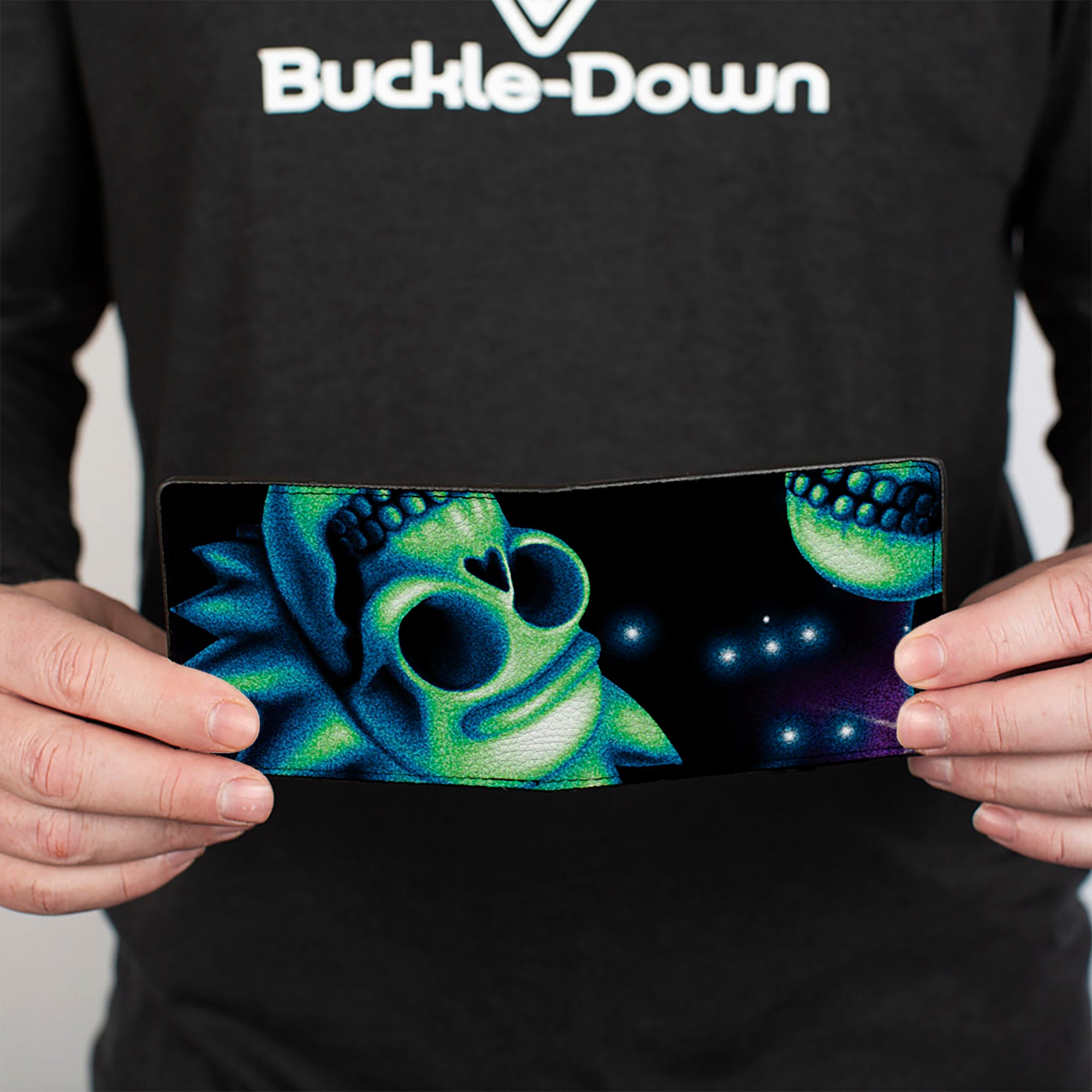 Bi-Fold Wallet - Rick and Morty Glow Skull in Space Scattered Black Blues Greens Bi-Fold Wallets Rick and Morty
