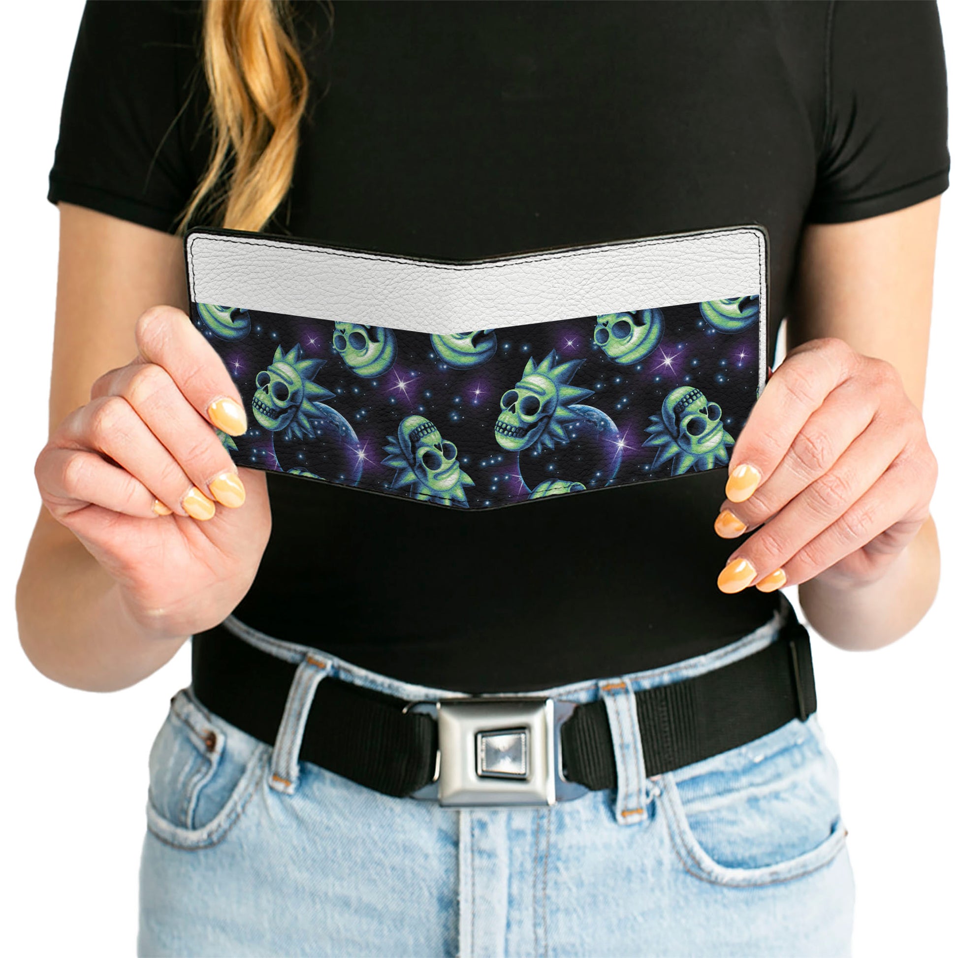 Bi-Fold Wallet - Rick and Morty Glow Skull in Space Scattered Black Blues Greens Bi-Fold Wallets Rick and Morty