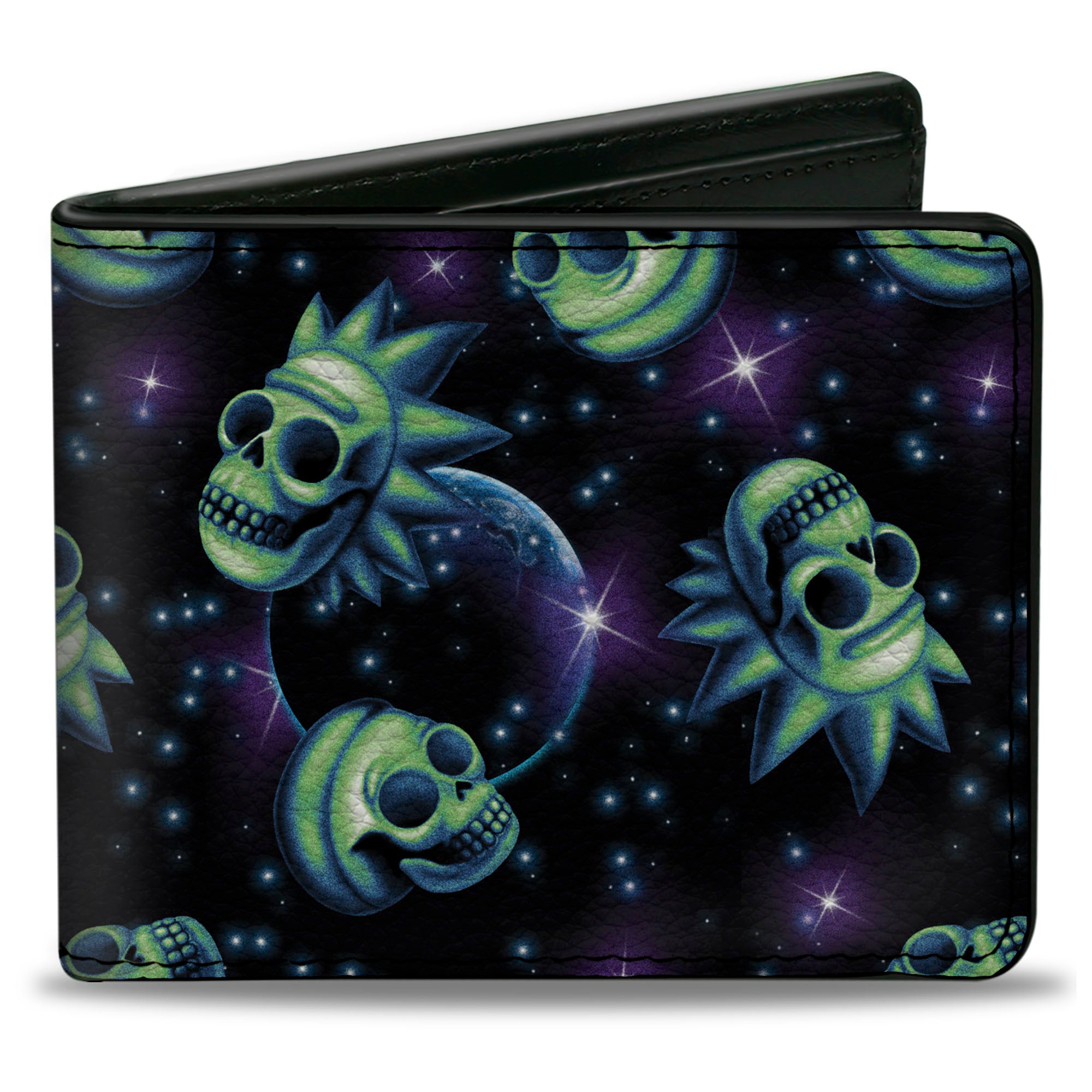 Bi-Fold Wallet - Rick and Morty Glow Skull in Space Scattered Black Blues Greens Bi-Fold Wallets Rick and Morty