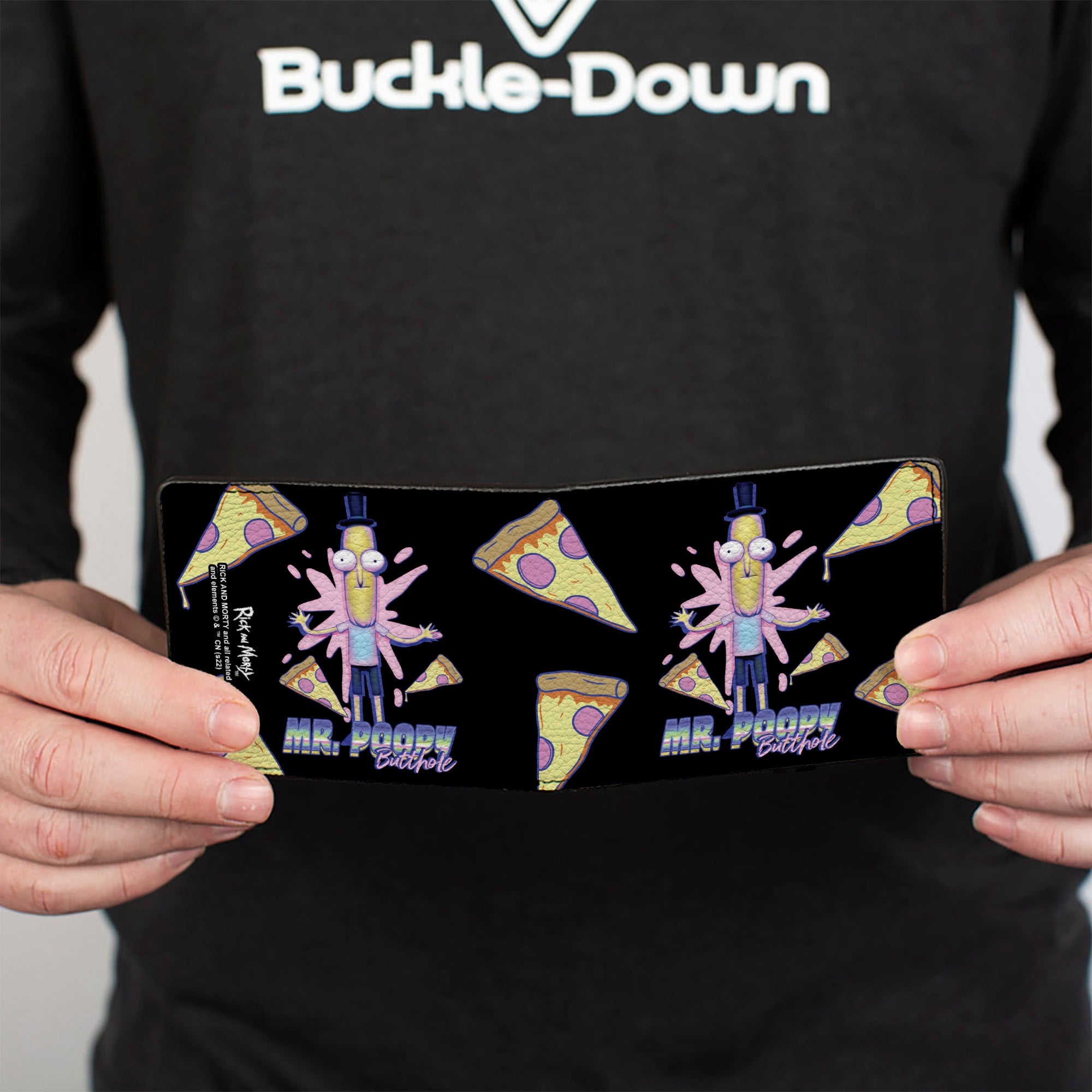Bi-Fold Wallet - Rick and Morty MR. POOPY BUTTHOLE Pizza Pose Black Bi-Fold Wallets Rick and Morty