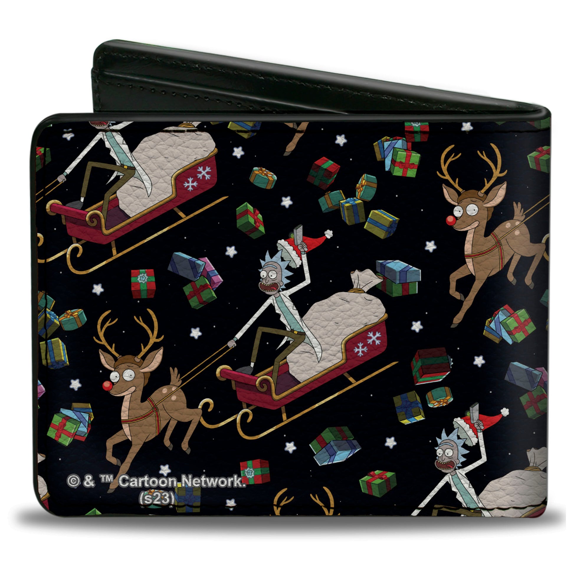 Bi-Fold Wallet - Rick and Morty Holiday Santa Rick Reindeer Sled Pose and Packages Collage Black Bi-Fold Wallets Rick and Morty