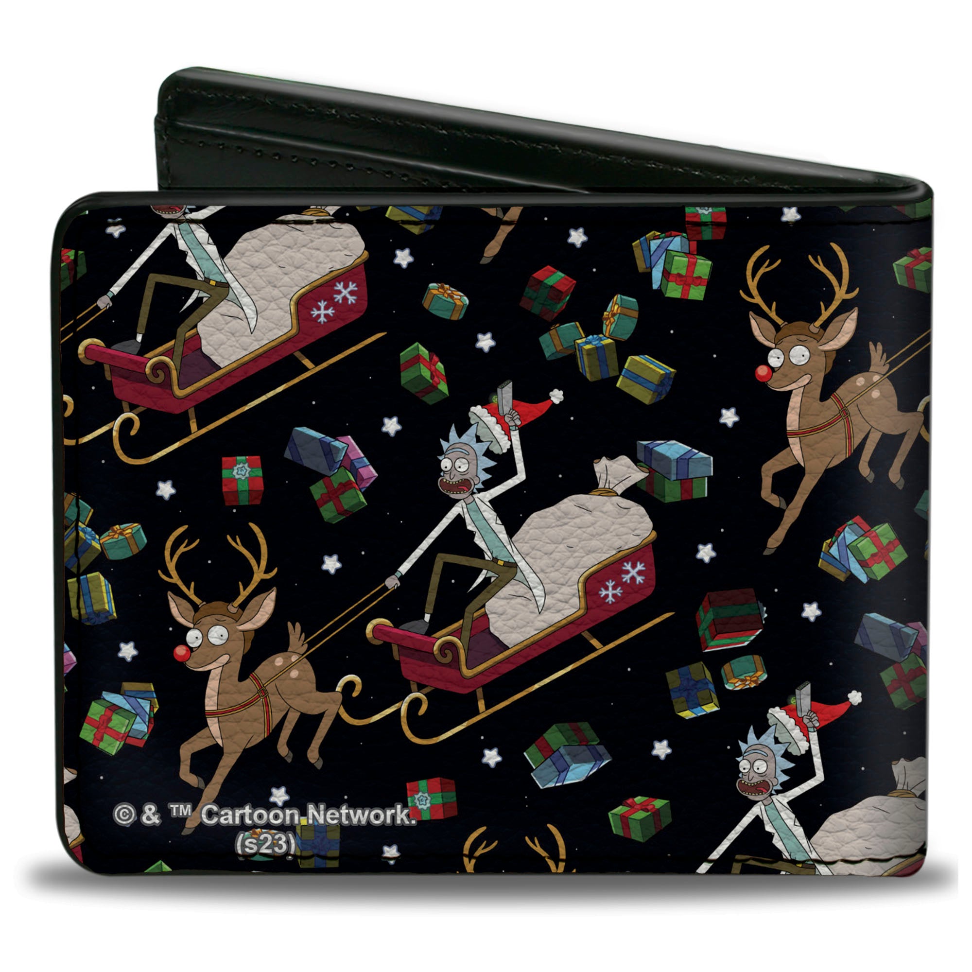 Bi-Fold Wallet - Rick and Morty Holiday Santa Rick Reindeer Sled Pose and Packages Collage Black Bi-Fold Wallets Rick and Morty