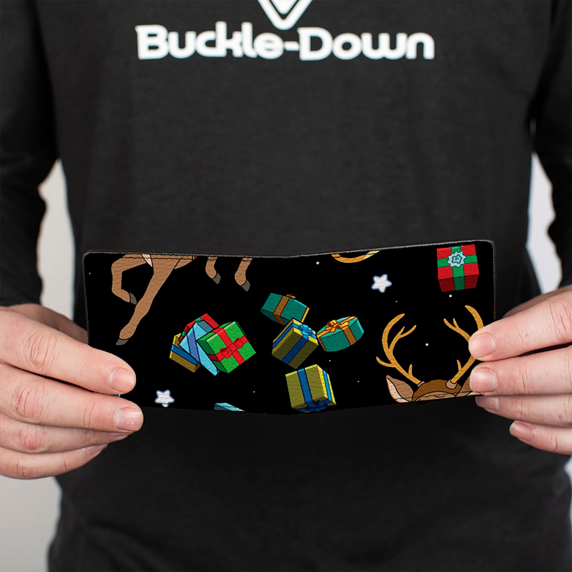 Bi-Fold Wallet - Rick and Morty Holiday Santa Rick Reindeer Sled Pose and Packages Collage Black Bi-Fold Wallets Rick and Morty