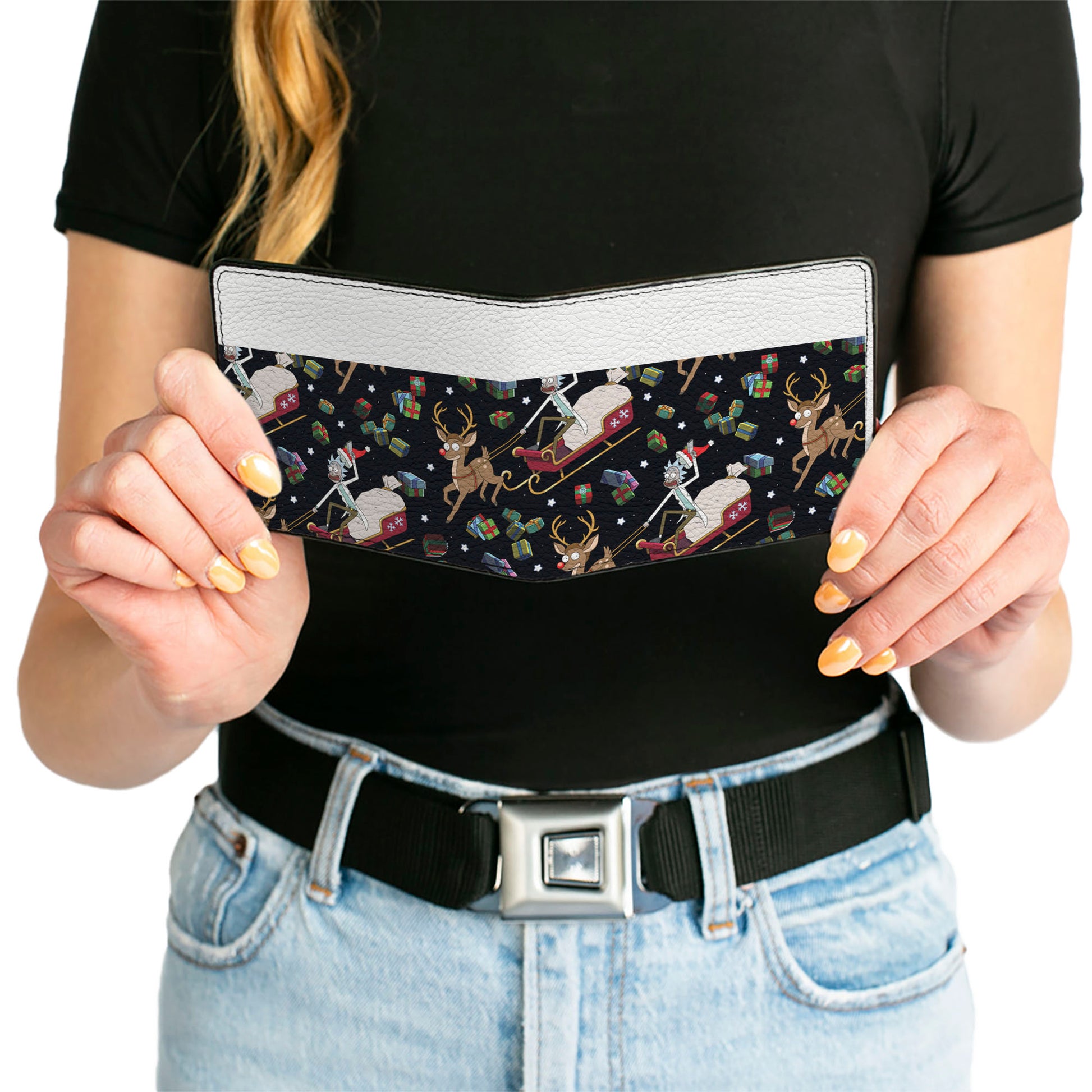 Bi-Fold Wallet - Rick and Morty Holiday Santa Rick Reindeer Sled Pose and Packages Collage Black Bi-Fold Wallets Rick and Morty