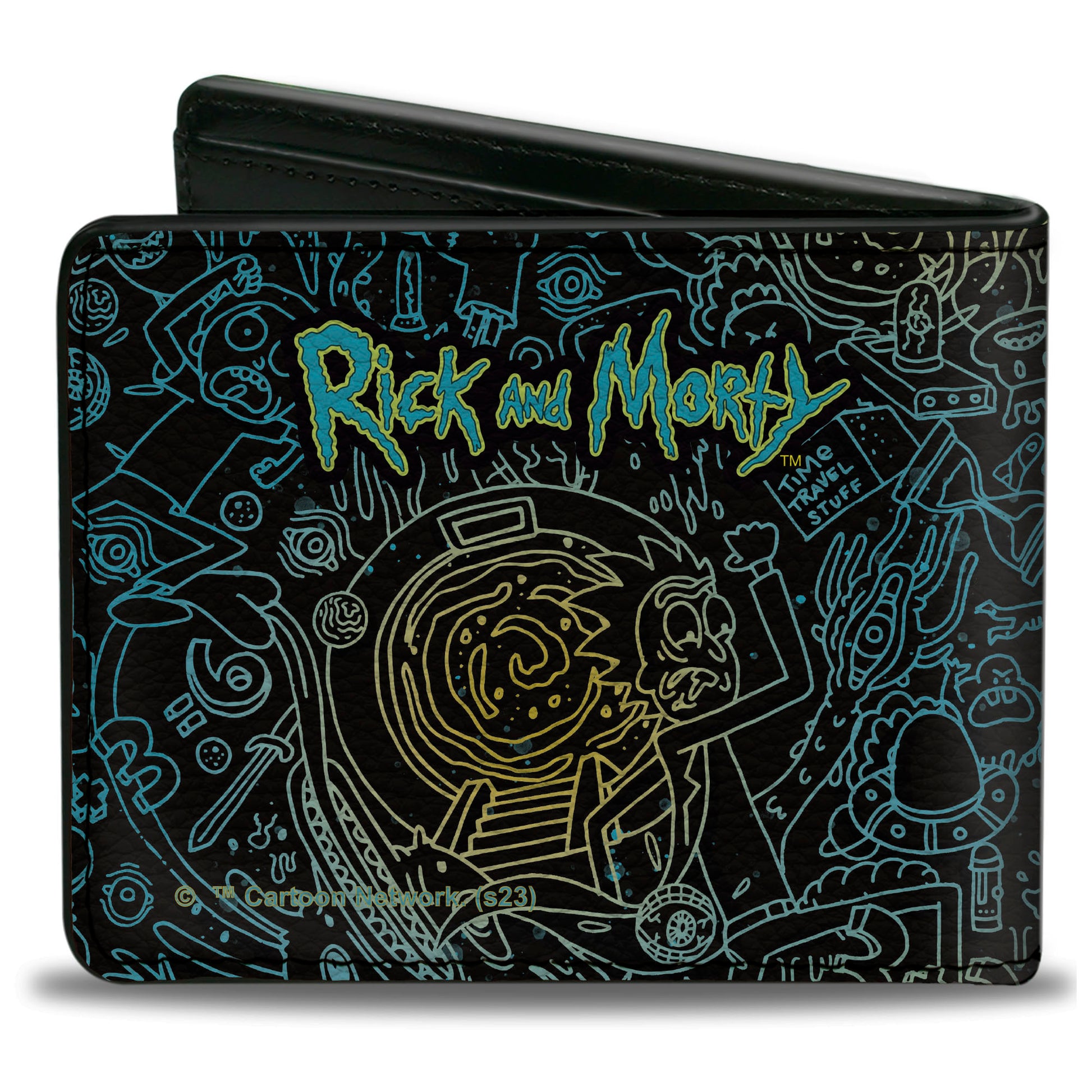 Bi-Fold Wallet - Rick and Morty Portal Chase and Icons Collage Black/Blues/Yellows Bi-Fold Wallets Rick and Morty