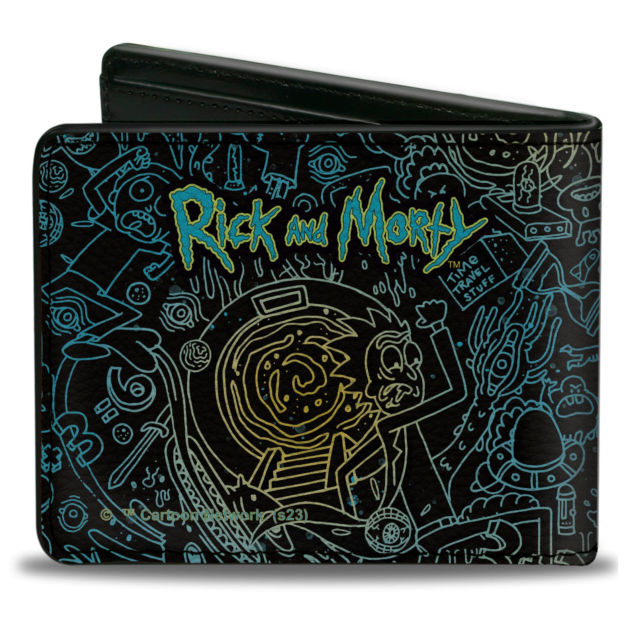 Bi-Fold Wallet - Rick and Morty Portal Chase and Icons Collage Black/Blues/Yellows Bi-Fold Wallets Rick and Morty