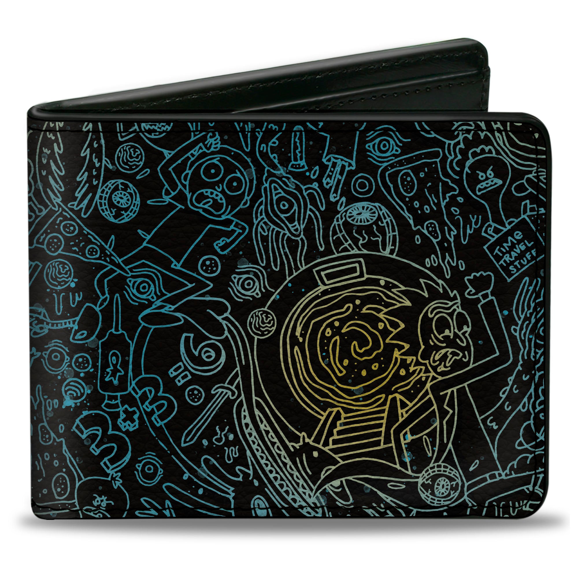 Bi-Fold Wallet - Rick and Morty Portal Chase and Icons Collage Black/Blues/Yellows Bi-Fold Wallets Rick and Morty