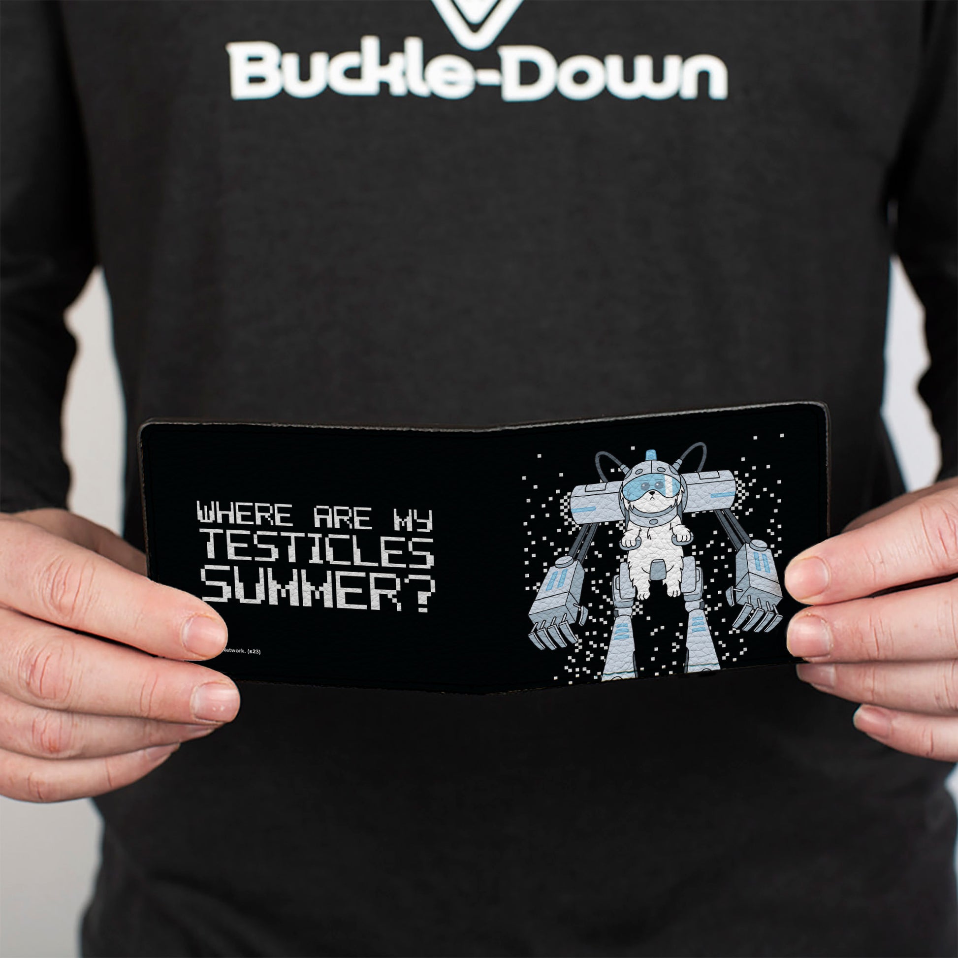 Bi-Fold Wallet - Rick and Morty Snuffles Pose and Quote Black/White/Blues Bi-Fold Wallets Rick and Morty
