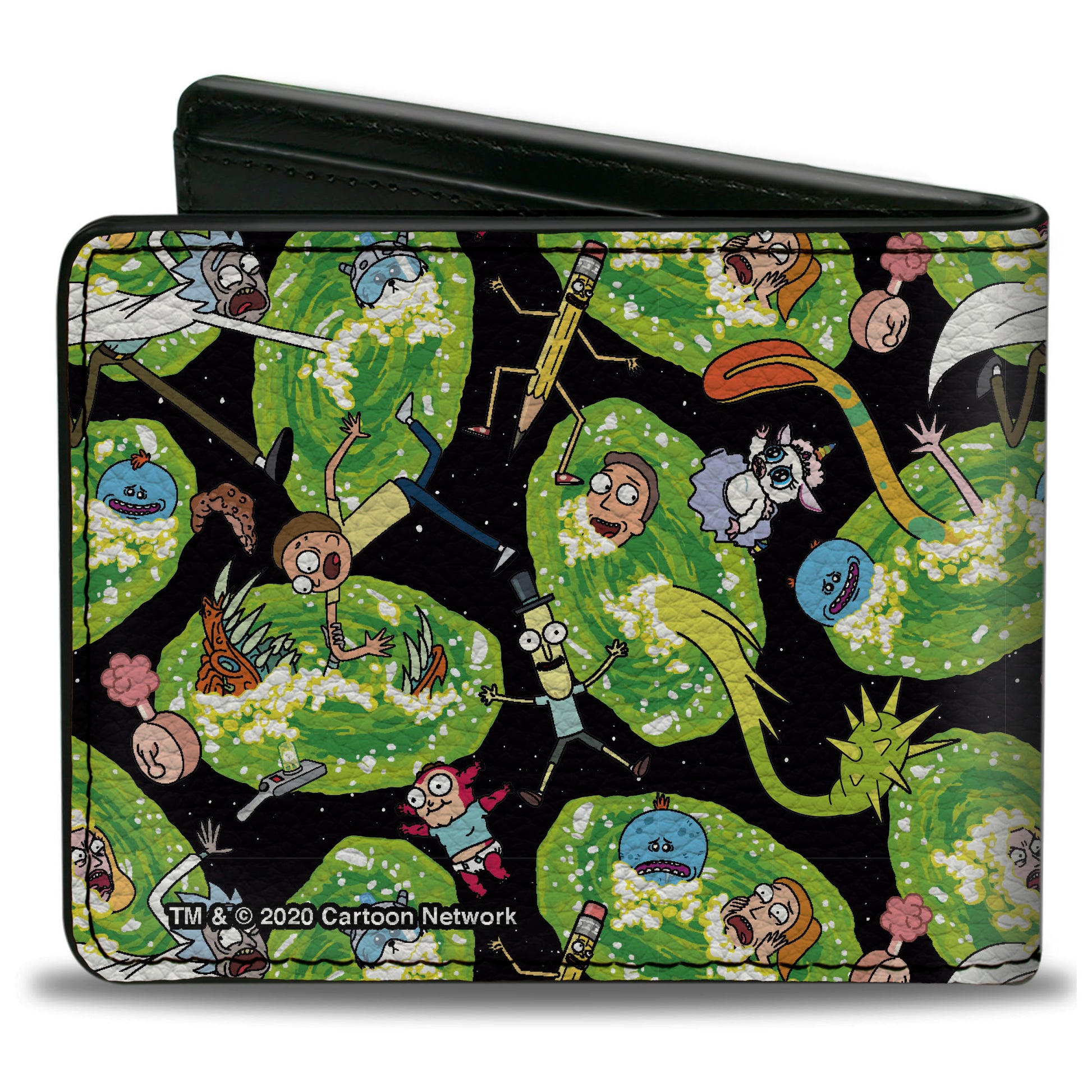 Bi-Fold Wallet - Rick and Morty Portal Multi Character Scattered Black/Green Bi-Fold Wallets Rick and Morty